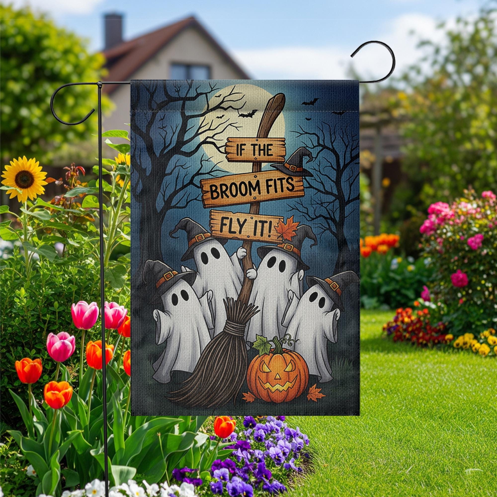 Funny Halloween Ghost Garden Flag | If the Broom Fits Fly It Witch Decor | Fall Yard Banner | Spooky Outdoor Lawn Decoration