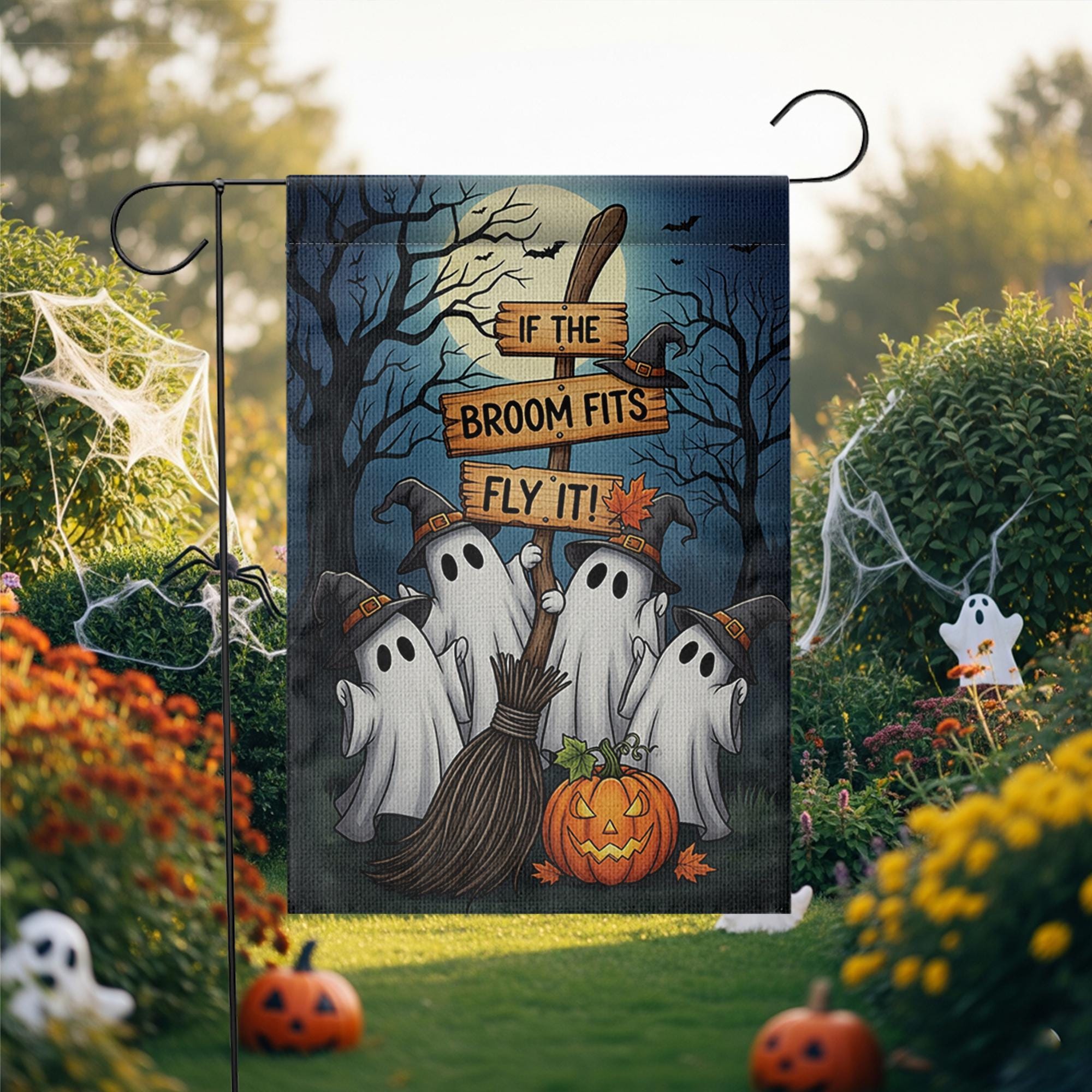 Funny Halloween Ghost Garden Flag | If the Broom Fits Fly It Witch Decor | Fall Yard Banner | Spooky Outdoor Lawn Decoration