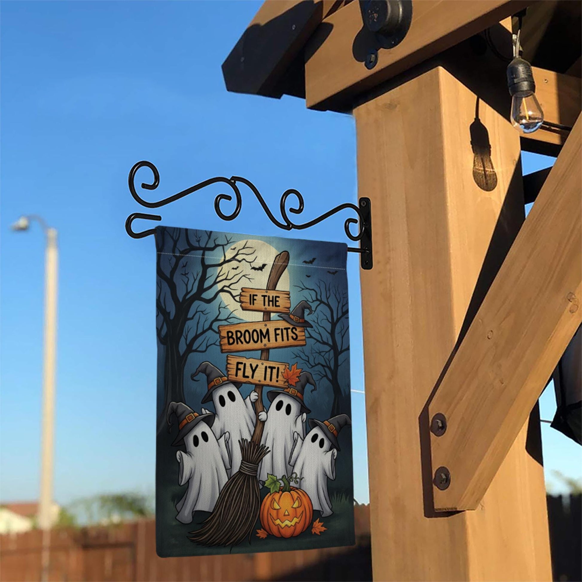 Funny Halloween Ghost Garden Flag | If the Broom Fits Fly It Witch Decor | Fall Yard Banner | Spooky Outdoor Lawn Decoration