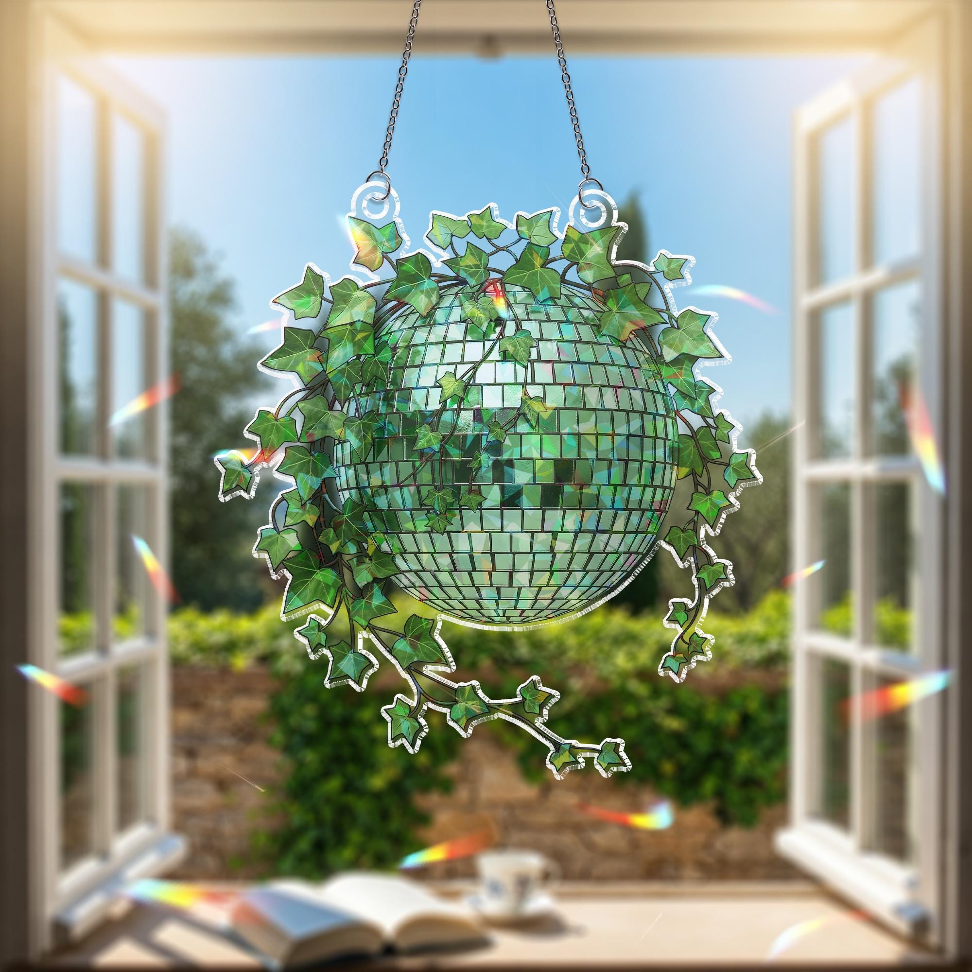Green Disco Ball Ivy Planter Hologram Ornament, Boho Indoor ACRYLIC Window Hanging, Plant Lover Gift, Ivy Plants Decor, Rainbow Room Accent