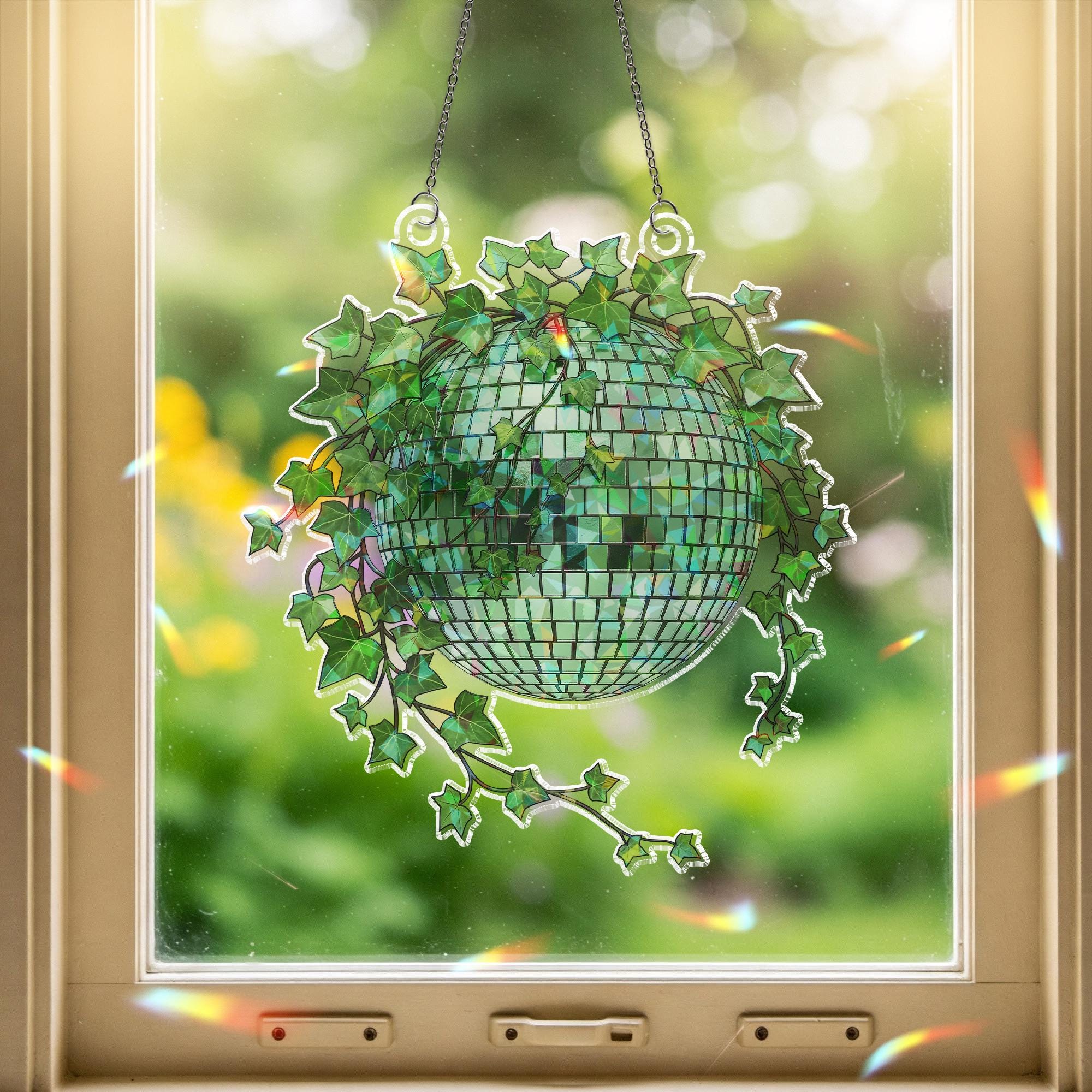 Green Disco Ball Ivy Planter Hologram Ornament, Boho Indoor ACRYLIC Window Hanging, Plant Lover Gift, Ivy Plants Decor, Rainbow Room Accent