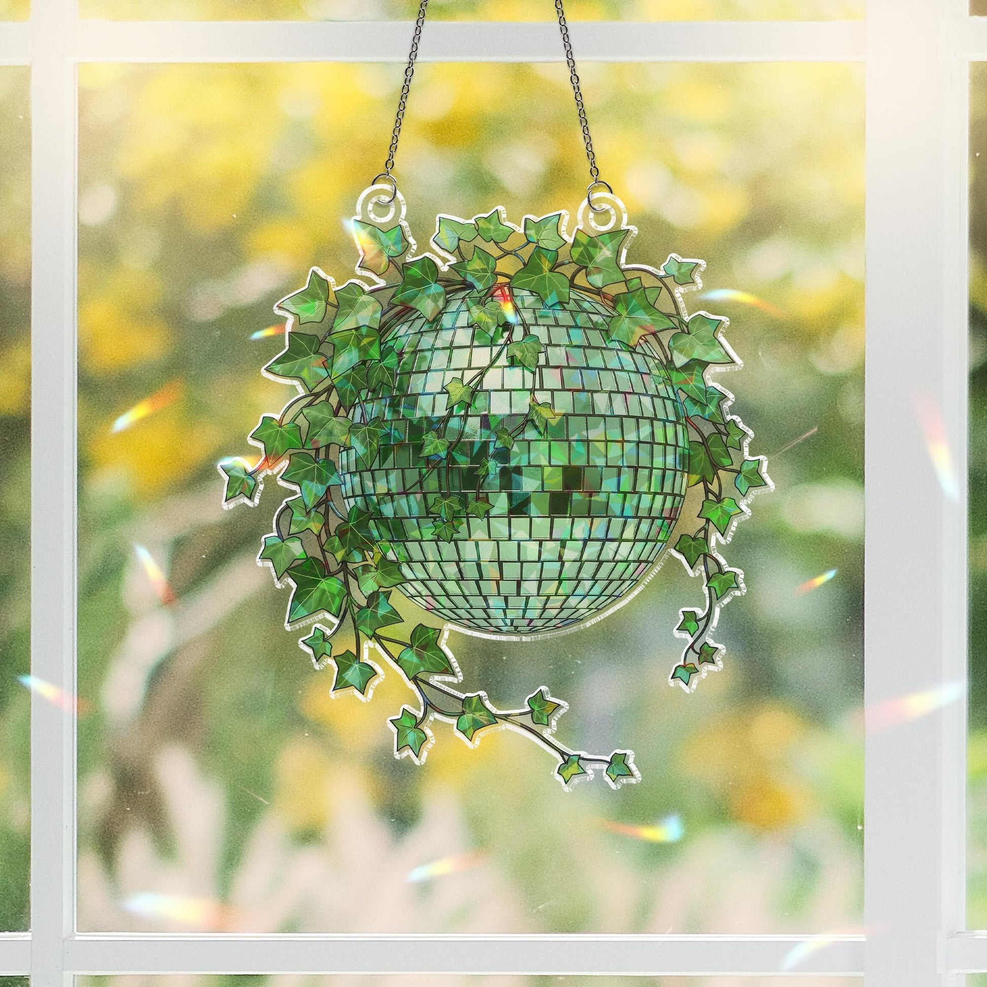 Green Disco Ball Ivy Planter Hologram Ornament, Boho Indoor ACRYLIC Window Hanging, Plant Lover Gift, Ivy Plants Decor, Rainbow Room Accent