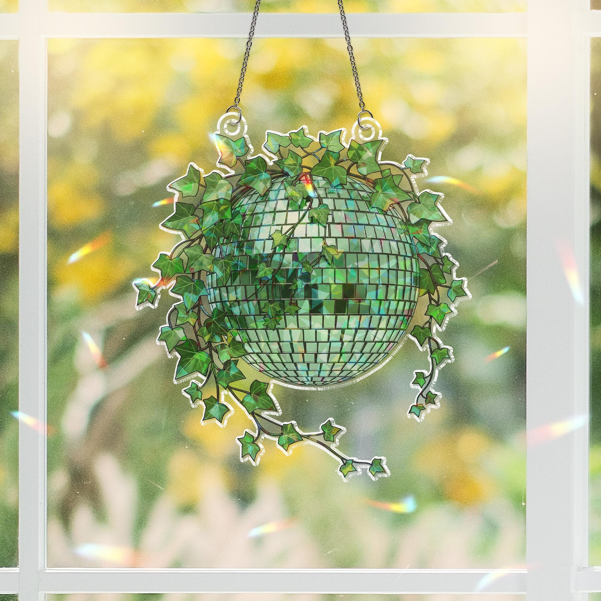 Green Disco Ball Ivy Planter Hologram Ornament, Boho Indoor ACRYLIC Window Hanging, Plant Lover Gift, Ivy Plants Decor, Rainbow Room Accent