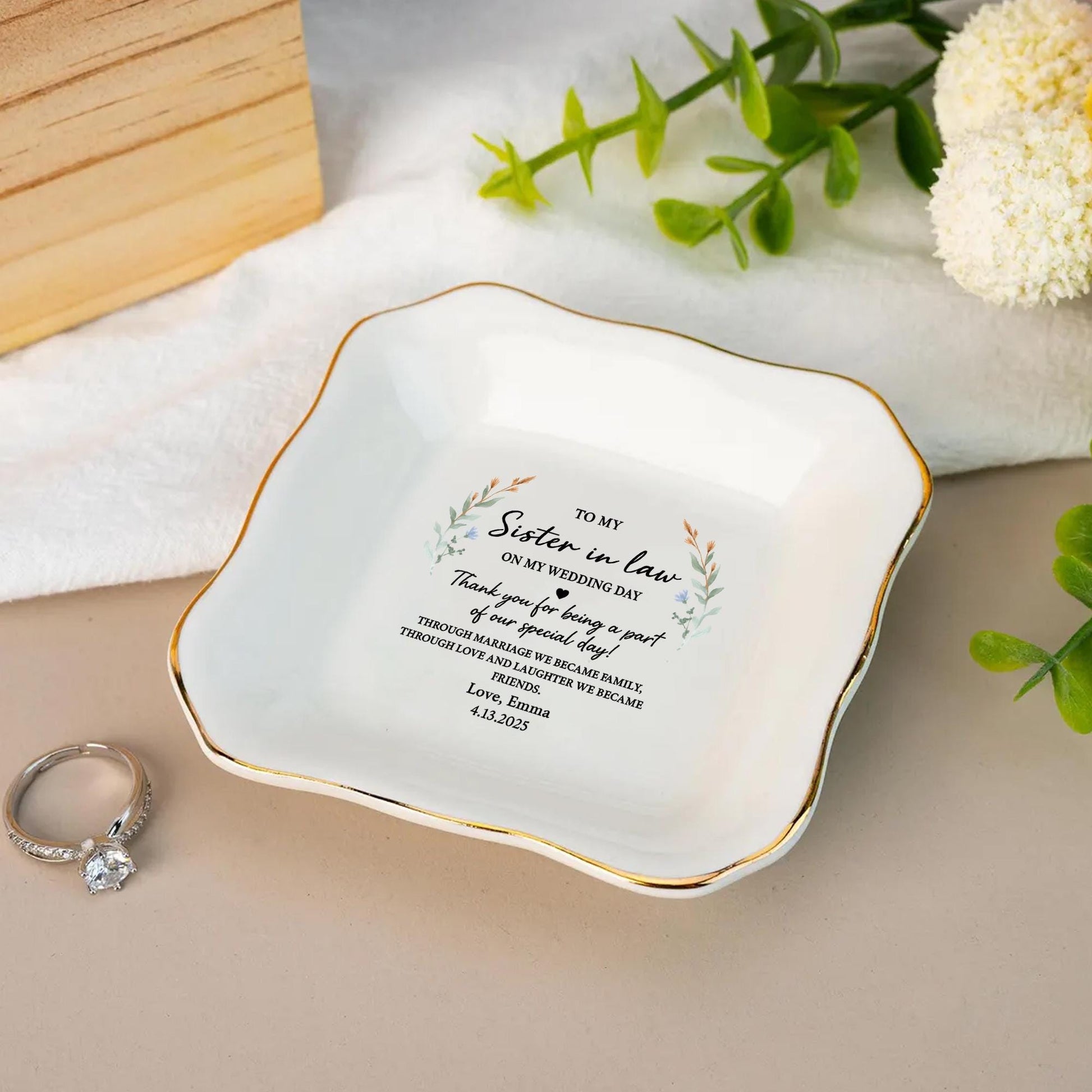 Custom Sister-in-Law Ceramic Jewelry Tray, Wedding Day Gift from Bride, Personalized Ring tray, Sister Gift Keepsake, Thank You Present
