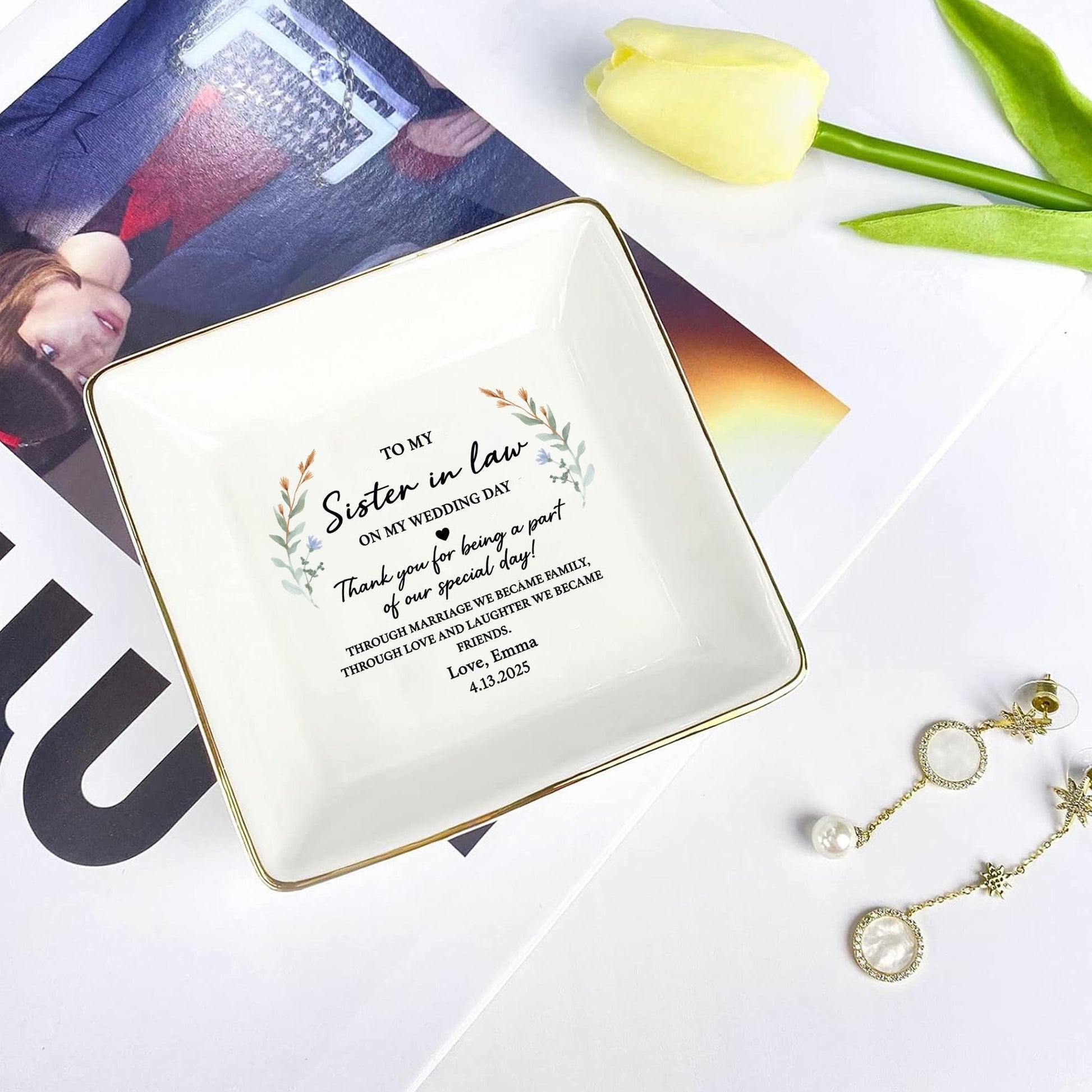 Custom Sister-in-Law Ceramic Jewelry Tray, Wedding Day Gift from Bride, Personalized Ring tray, Sister Gift Keepsake, Thank You Present