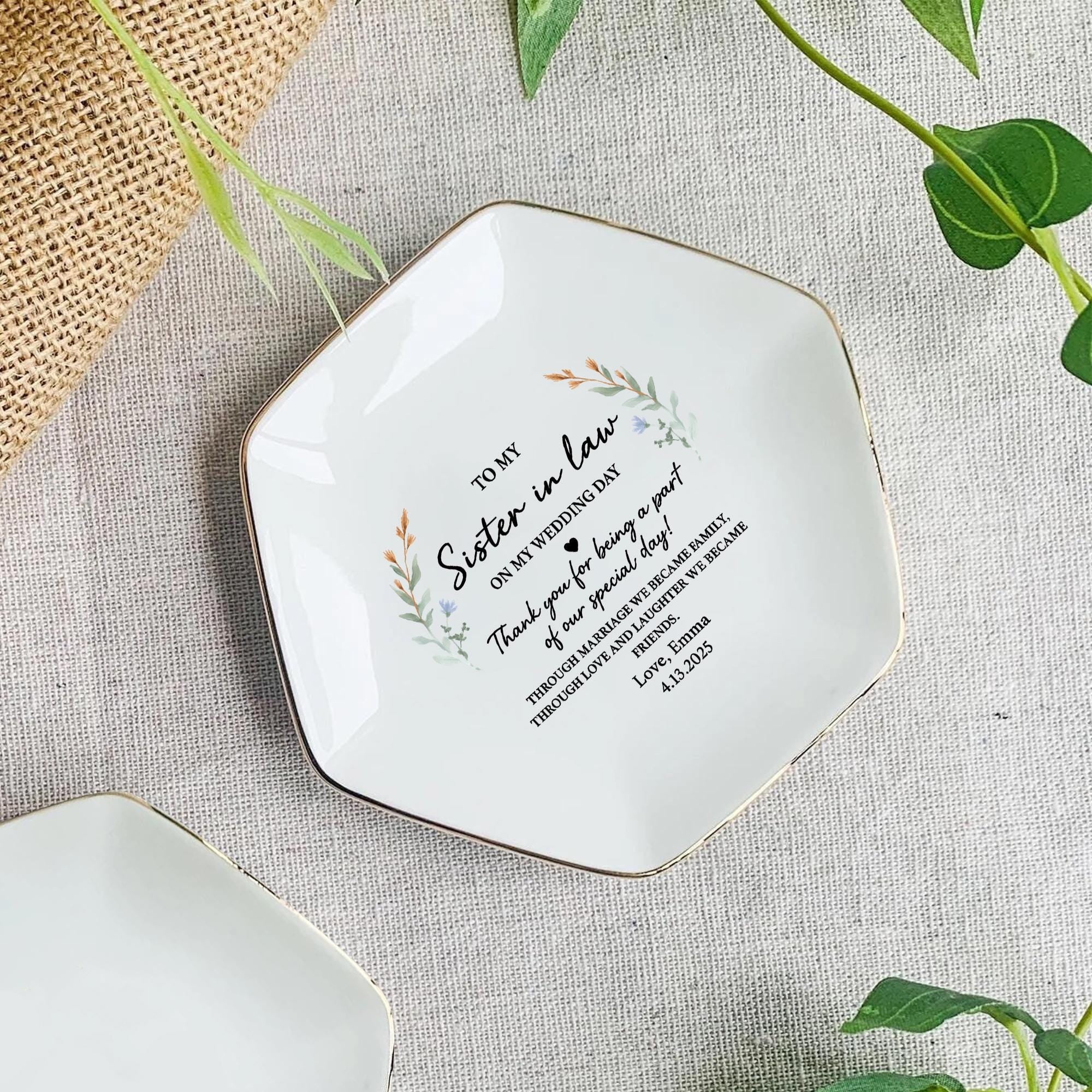 Custom Sister-in-Law Ceramic Jewelry Tray, Wedding Day Gift from Bride, Personalized Ring tray, Sister Gift Keepsake, Thank You Present