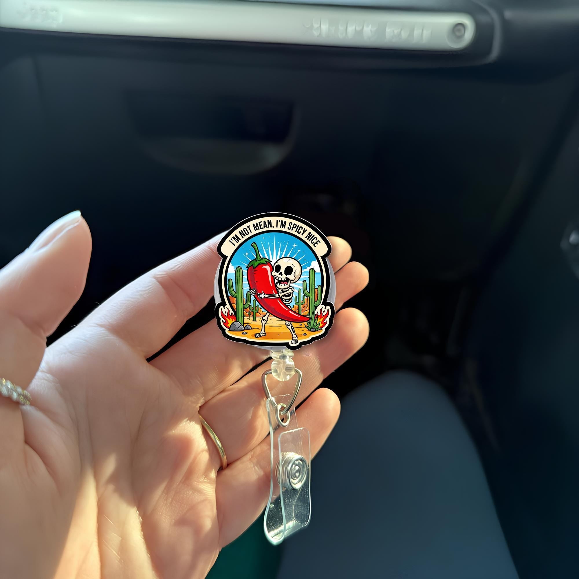 Spicy Nice Skeleton Badge Reel, Funny Chili ID Clip, Cactus Desert Name Tag, Nurse Humor Gift, Quirky Retractable Badge Holder