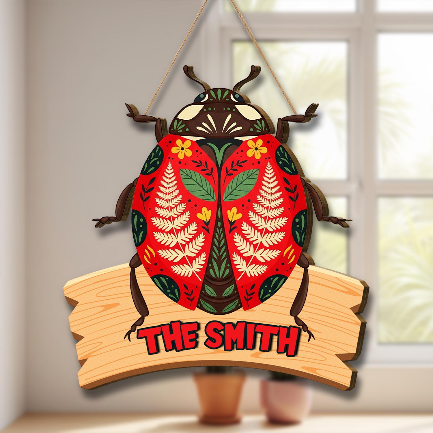 Personalized Ladybug Door Sign, Custom Name Wood Plaque, Rustic Bug Decor for Home, Cute Insect Wall Hanging, Family Name Sign Gift