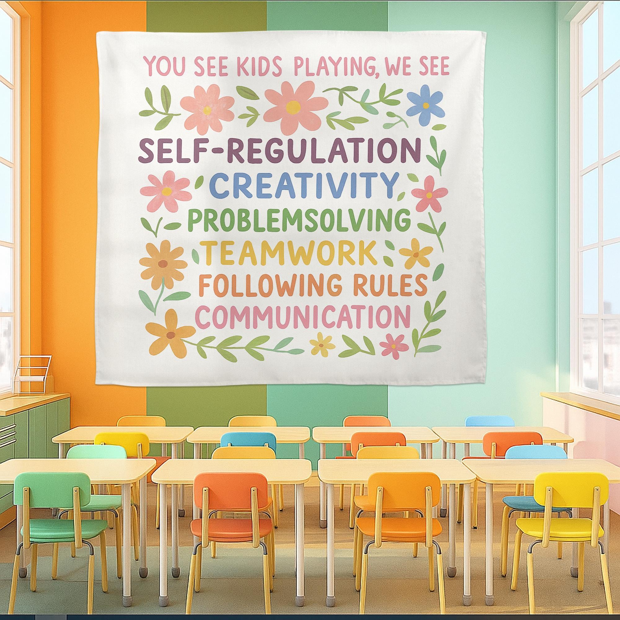Play-Based Learning Classroom Banner | Preschool Wall Sign with Social Skills | Early Childhood Teacher Room Decor, Playroom Learning Poster