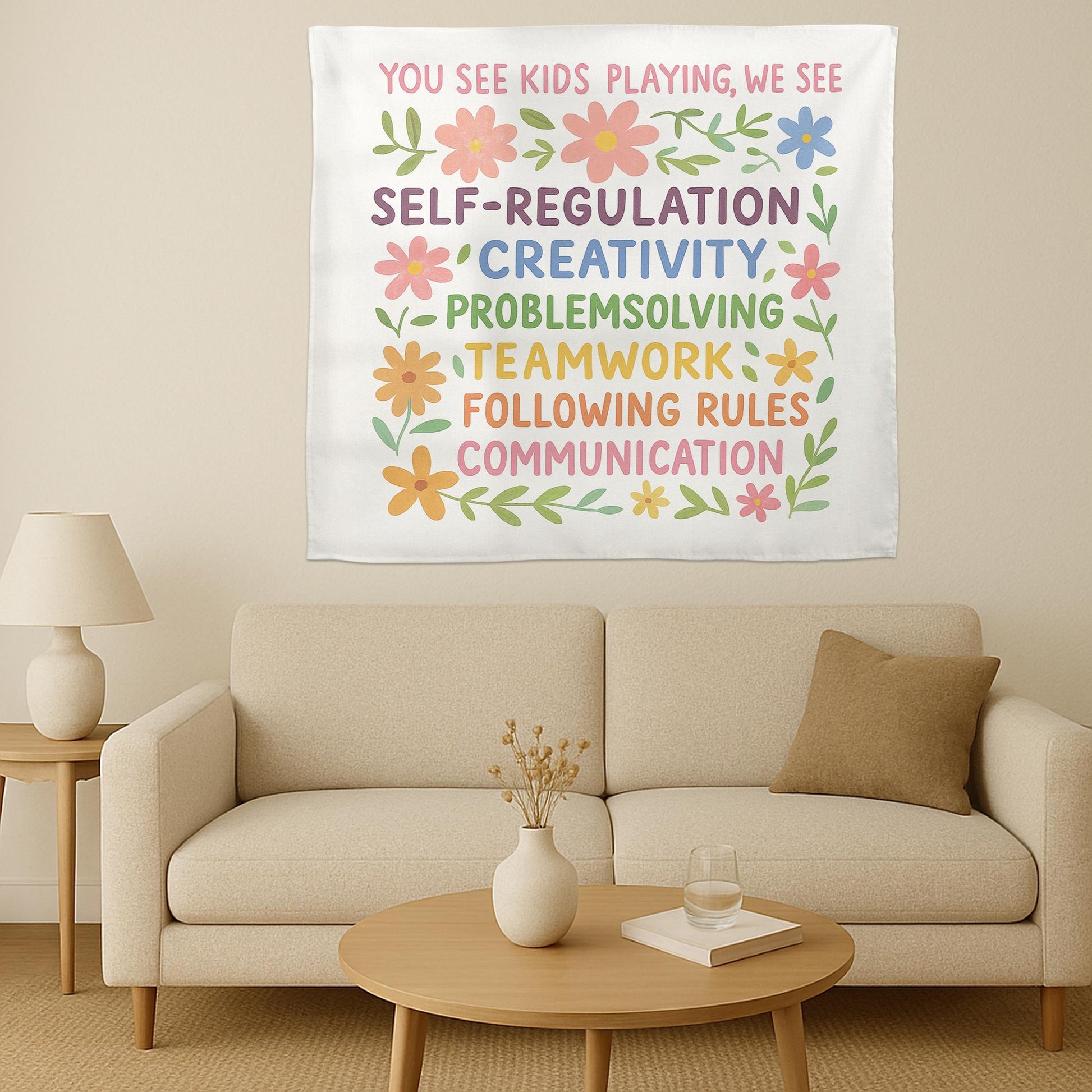 Play-Based Learning Classroom Banner | Preschool Wall Sign with Social Skills | Early Childhood Teacher Room Decor, Playroom Learning Poster