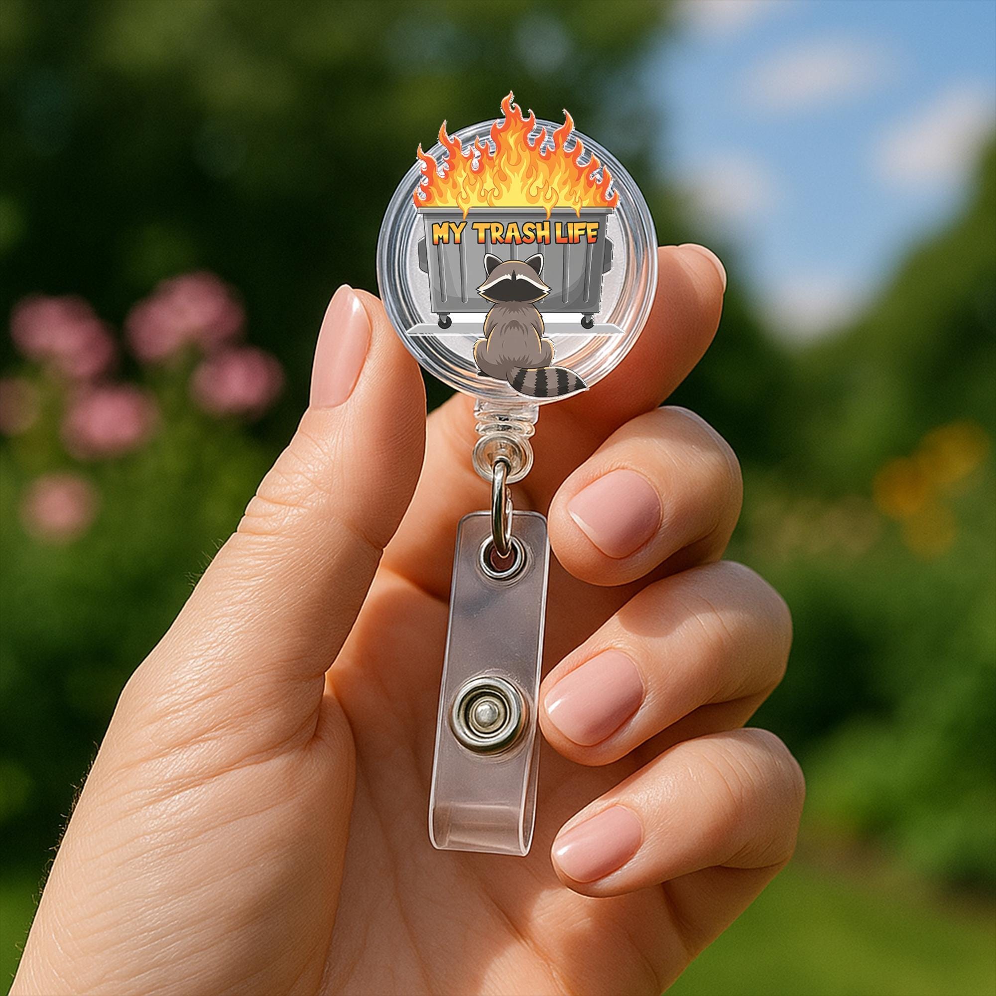 Funny Raccoon Badge Reel, My Trash Life ID Holder, Dumpster Fire Badge Clip, Cute Work Accessory, Sarcastic Gift for Coworkers, Nurse Badge