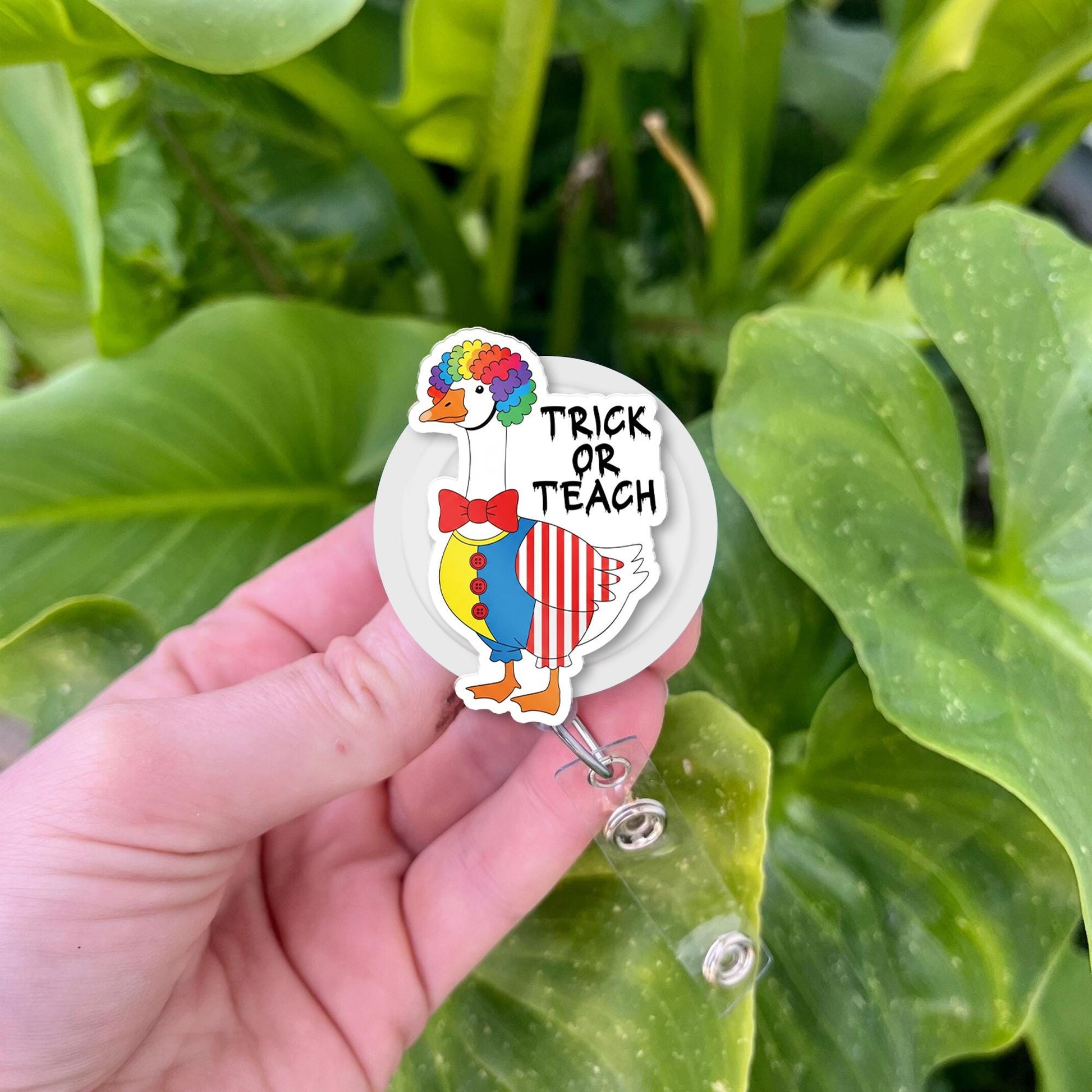 Trick or Teach Goose Badge Reel | Funny Halloween Teacher ID Holder | Clown Goose Fall Accessory, Cute Spooky School Gift, Teacher Fall Gift
