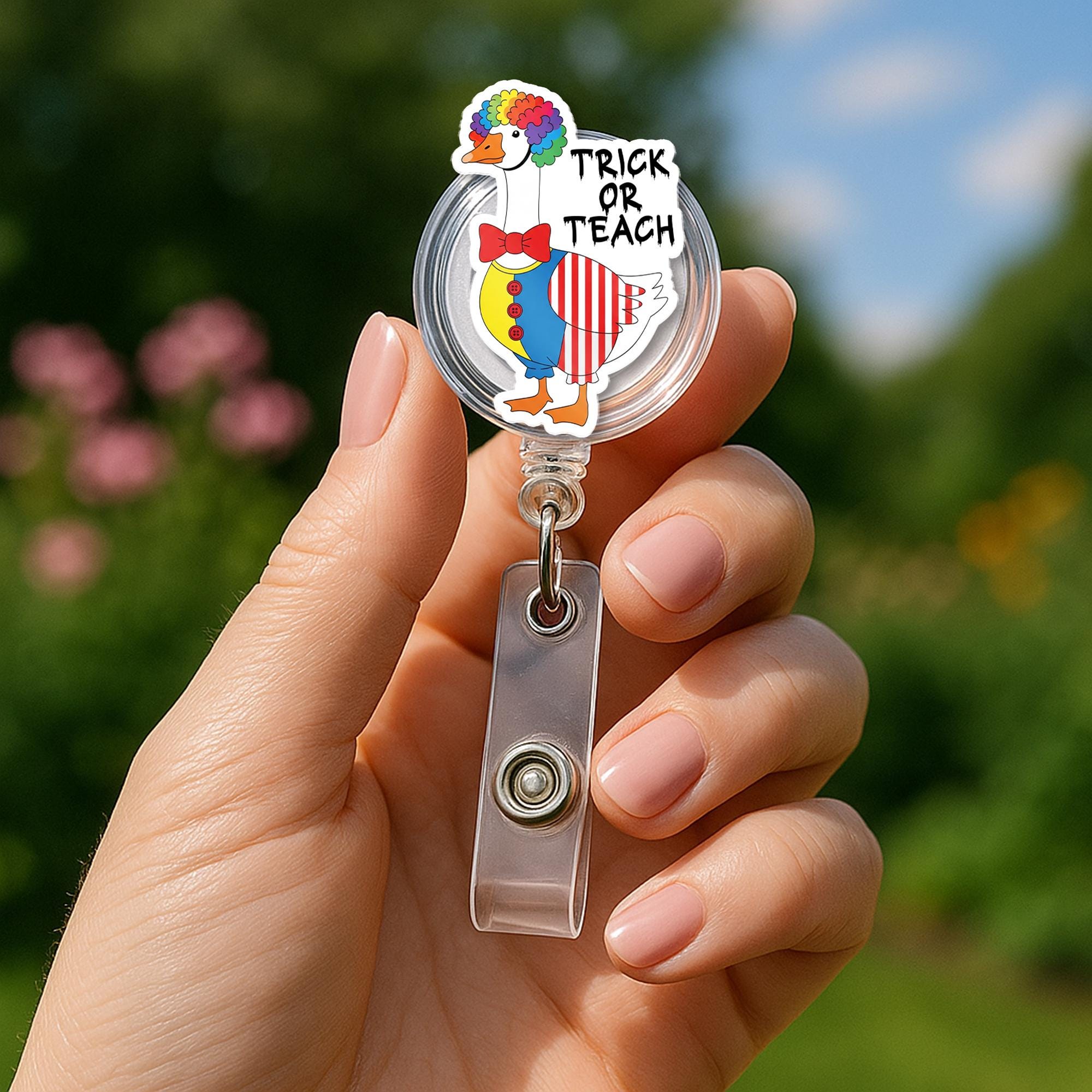 Trick or Teach Goose Badge Reel | Funny Halloween Teacher ID Holder | Clown Goose Fall Accessory, Cute Spooky School Gift, Teacher Fall Gift