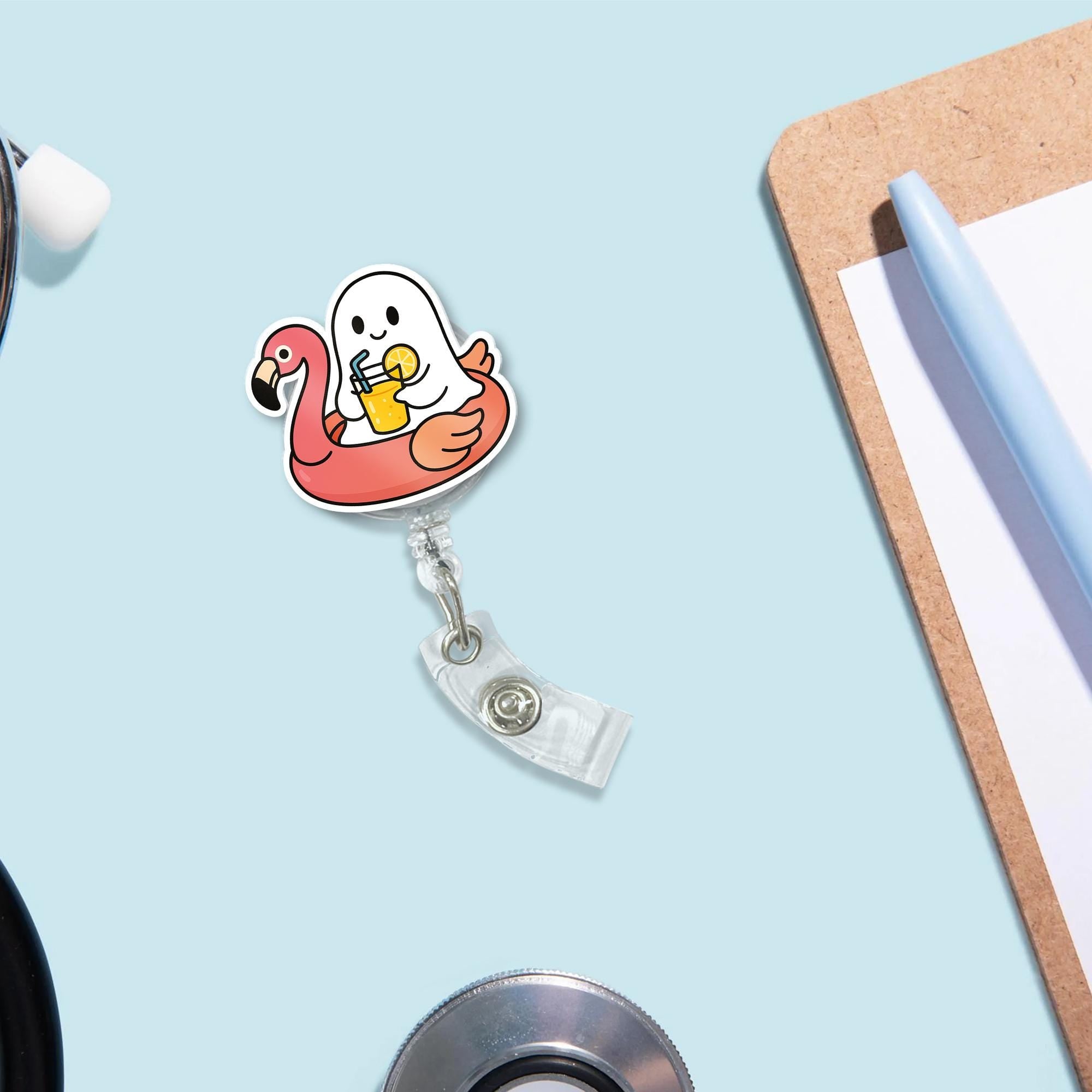Cute Ghost Flamingo Badge Reel, Nurse ID Holder, Funny Summer Retractable Badge Clip, Medical Badge Reel Gift, Healthcare Accessory