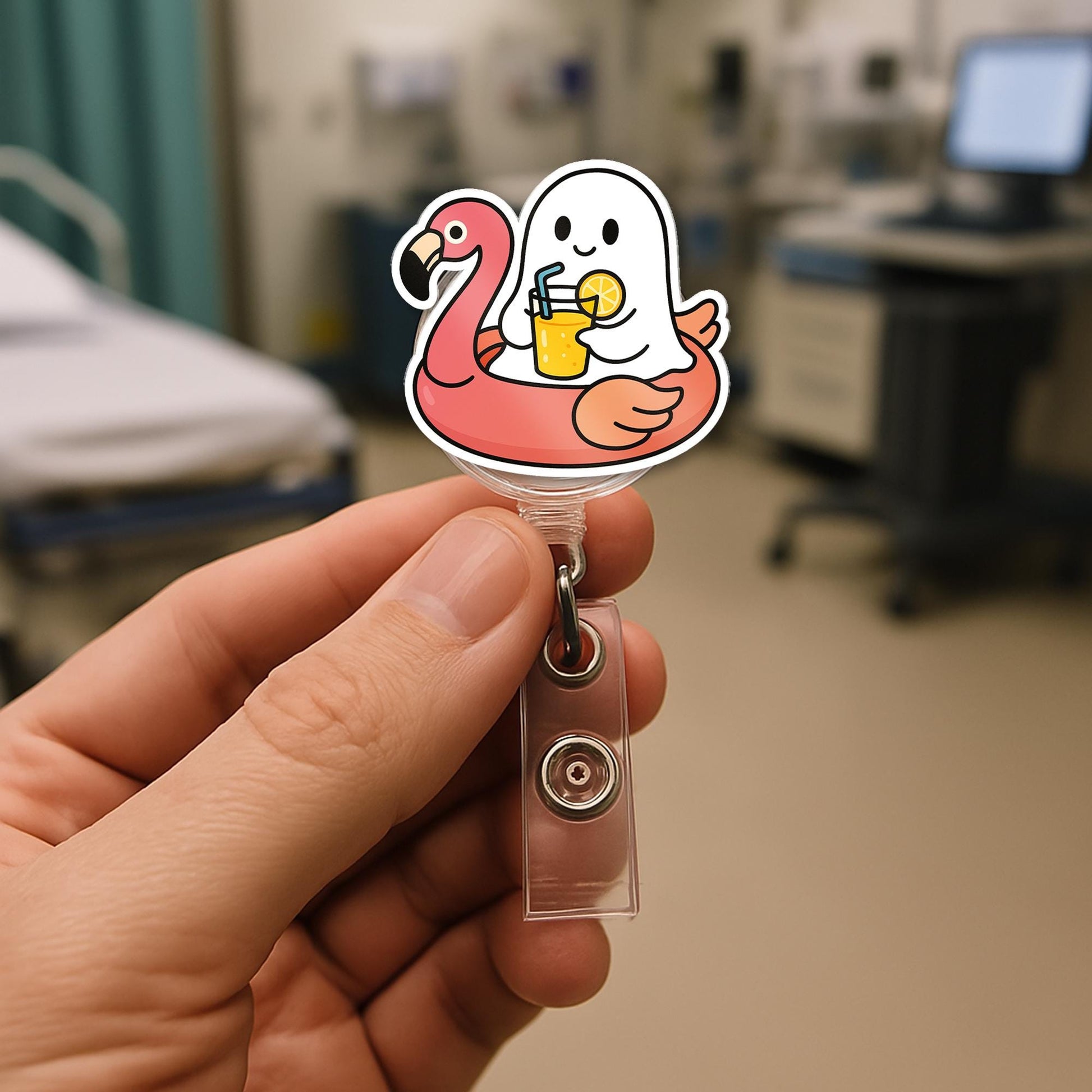 Cute Ghost Flamingo Badge Reel, Nurse ID Holder, Funny Summer Retractable Badge Clip, Medical Badge Reel Gift, Healthcare Accessory