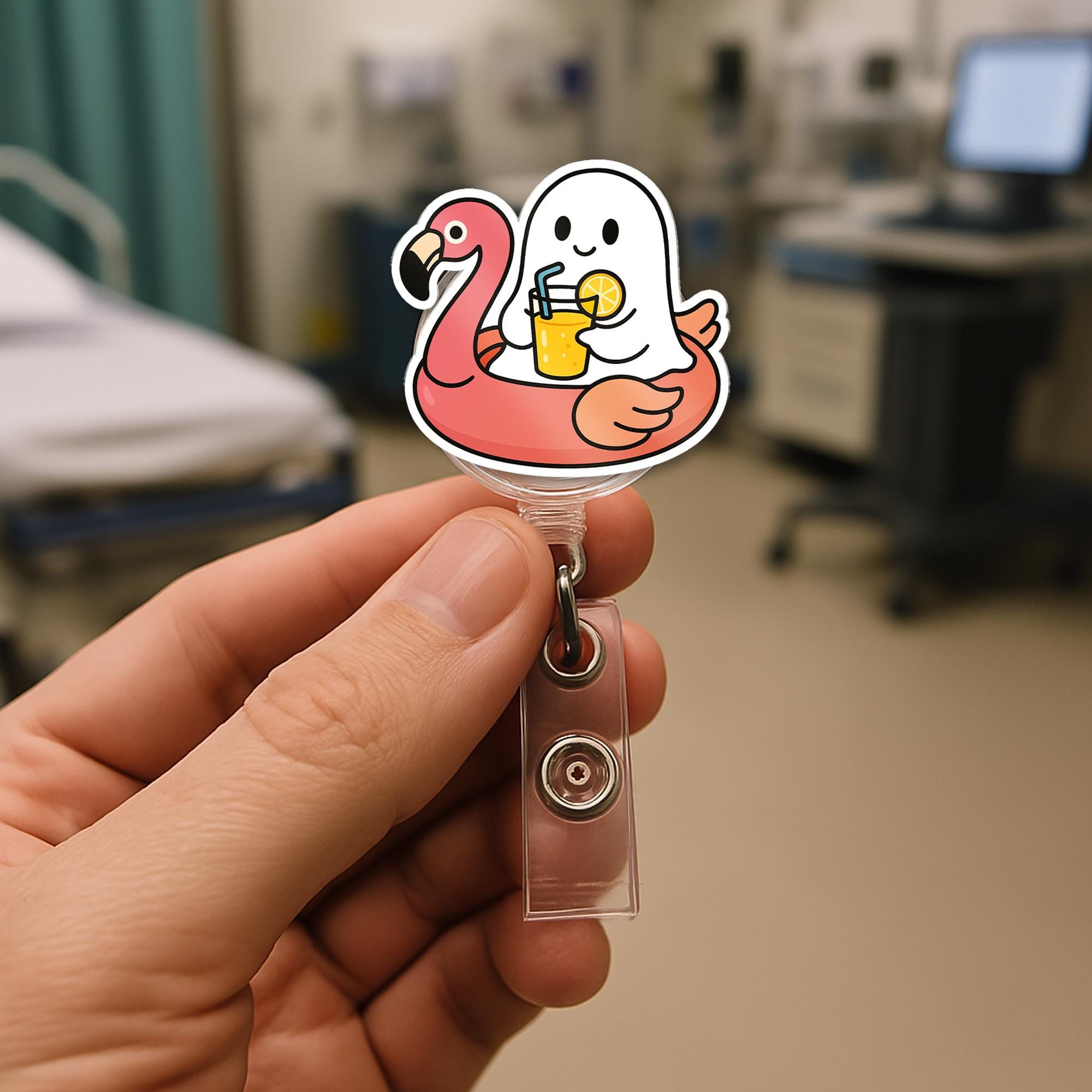 Cute Ghost Flamingo Badge Reel, Nurse ID Holder, Funny Summer Retractable Badge Clip, Medical Badge Reel Gift, Healthcare Accessory