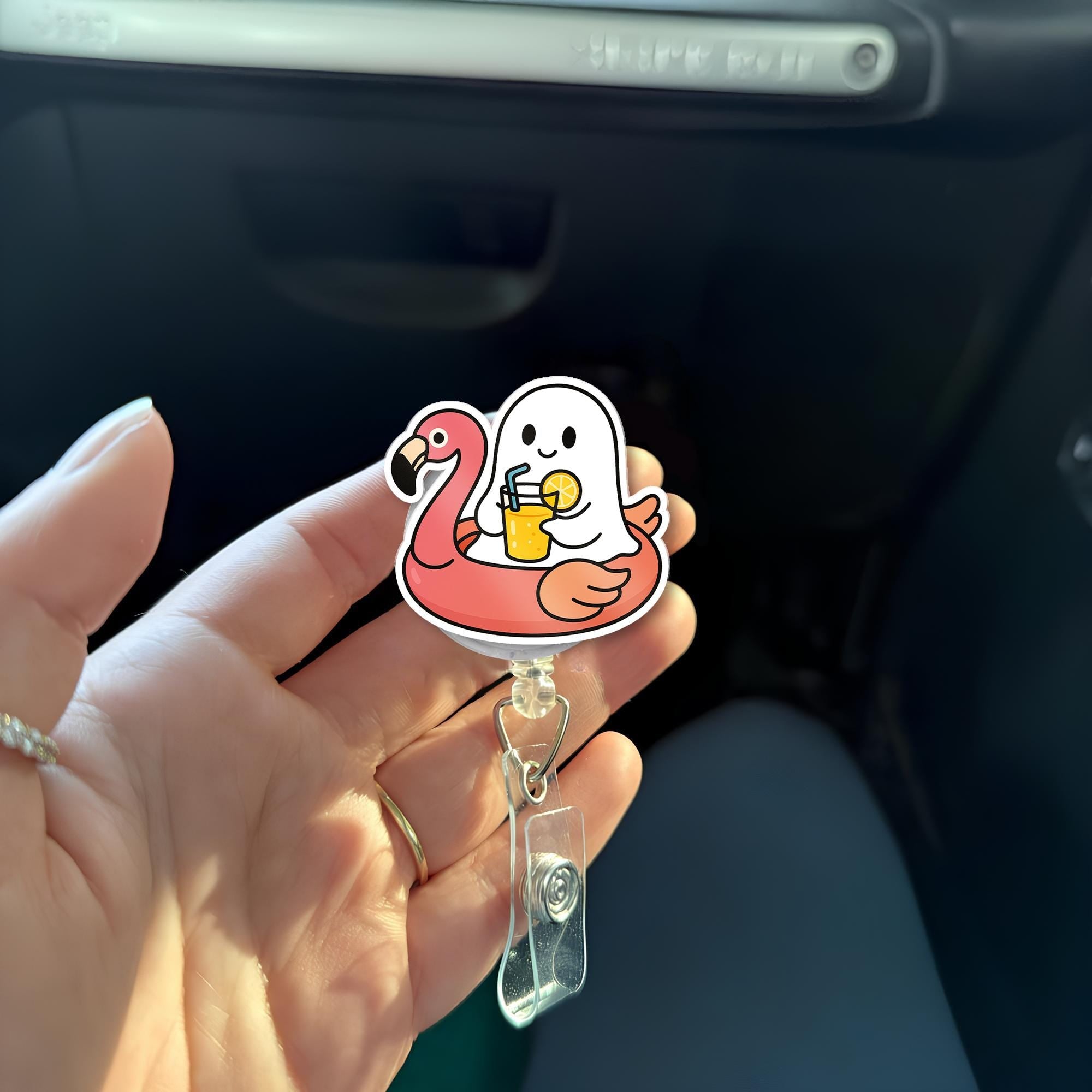 Cute Ghost Flamingo Badge Reel, Nurse ID Holder, Funny Summer Retractable Badge Clip, Medical Badge Reel Gift, Healthcare Accessory