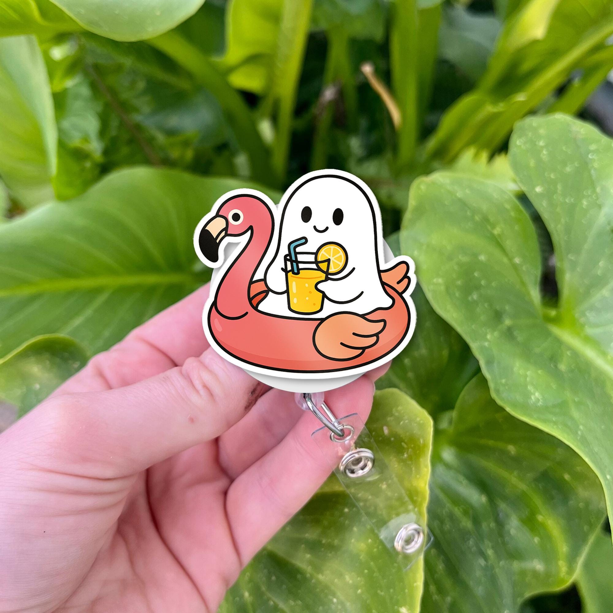 Cute Ghost Flamingo Badge Reel, Nurse ID Holder, Funny Summer Retractable Badge Clip, Medical Badge Reel Gift, Healthcare Accessory