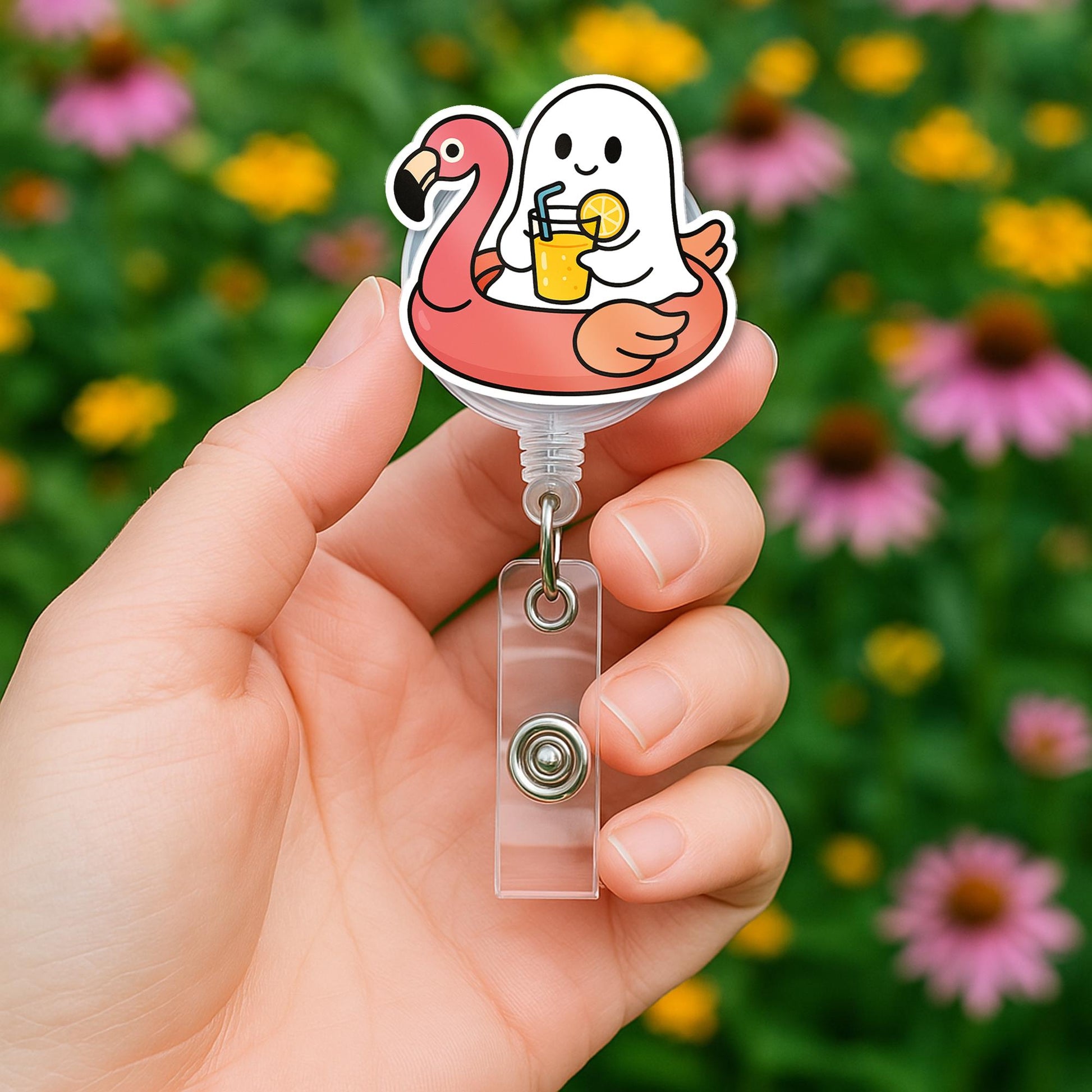 Cute Ghost Flamingo Badge Reel, Nurse ID Holder, Funny Summer Retractable Badge Clip, Medical Badge Reel Gift, Healthcare Accessory