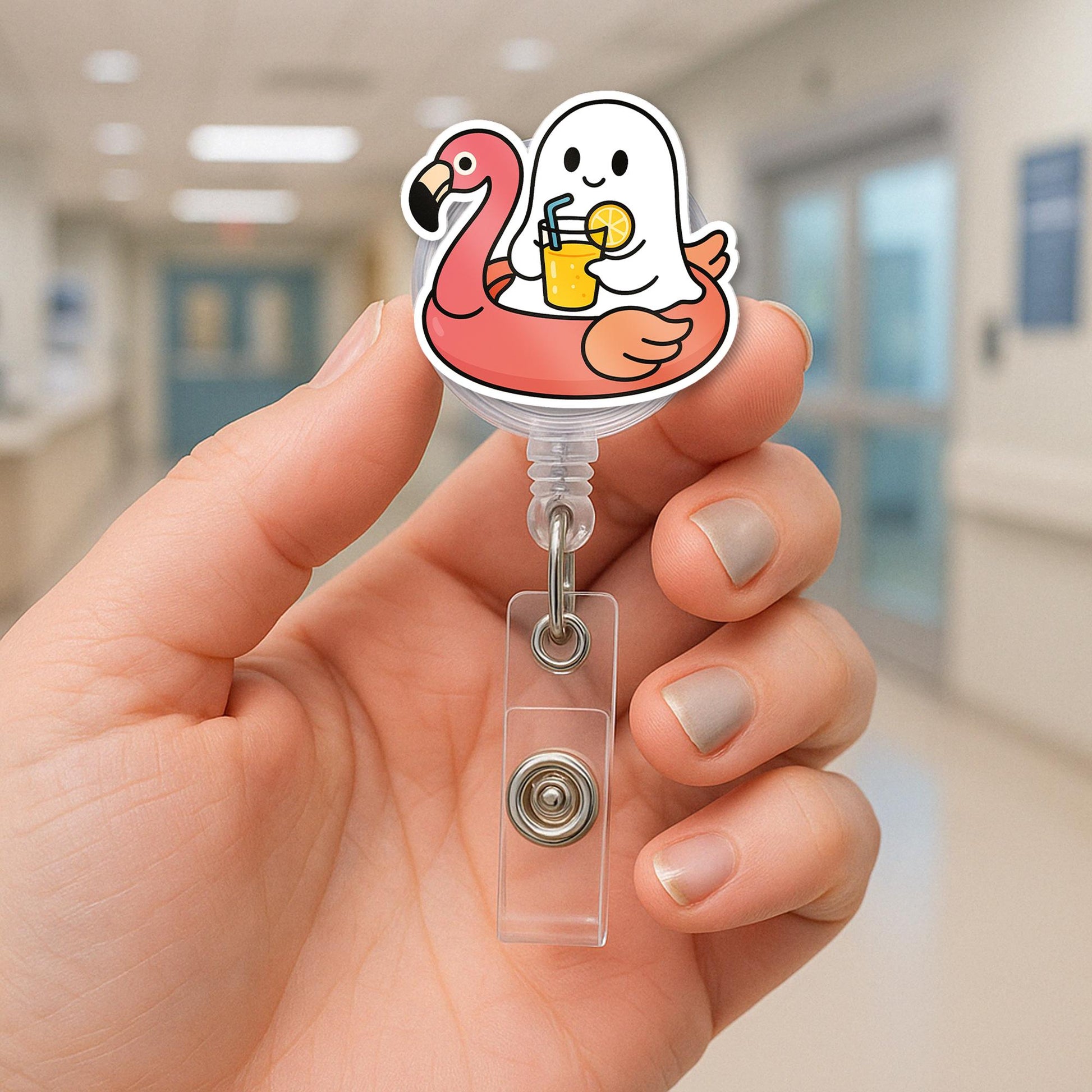 Cute Ghost Flamingo Badge Reel, Nurse ID Holder, Funny Summer Retractable Badge Clip, Medical Badge Reel Gift, Healthcare Accessory