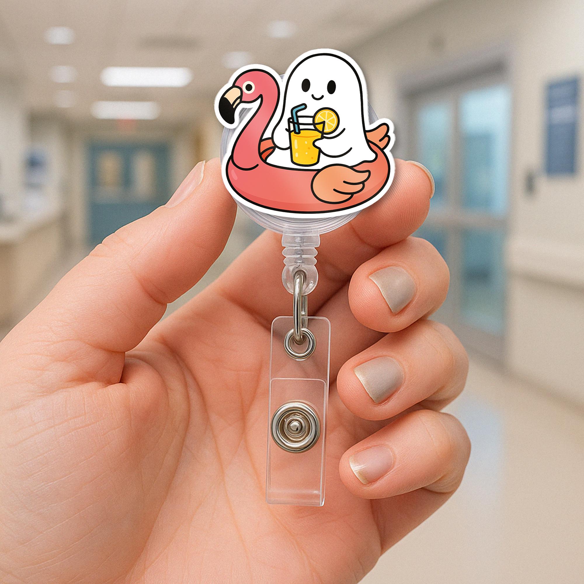 Cute Ghost Flamingo Badge Reel, Nurse ID Holder, Funny Summer Retractable Badge Clip, Medical Badge Reel Gift, Healthcare Accessory