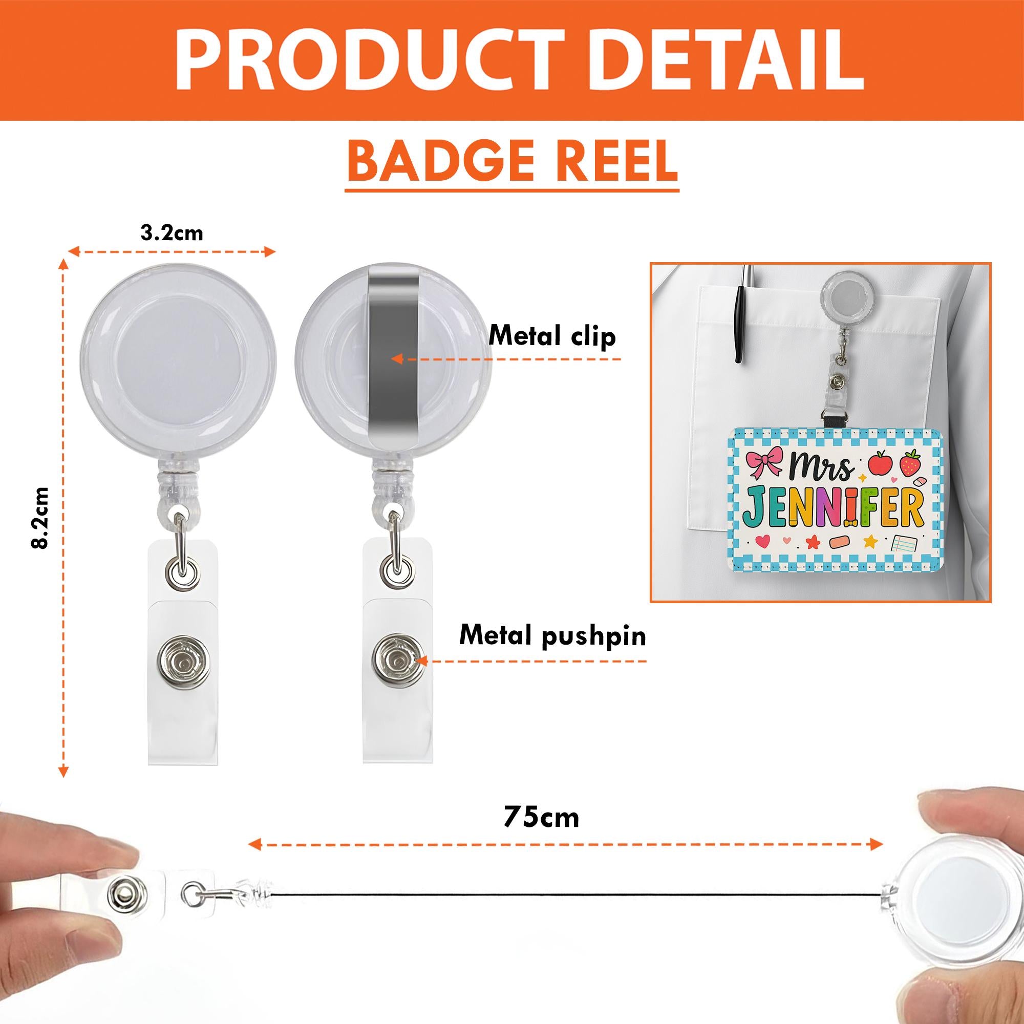 Teacher ID Badge Holder, Cute Teacher Name Tag, Personalized Retractable Clip, School Staff Gift, Fun Work Badge Reel