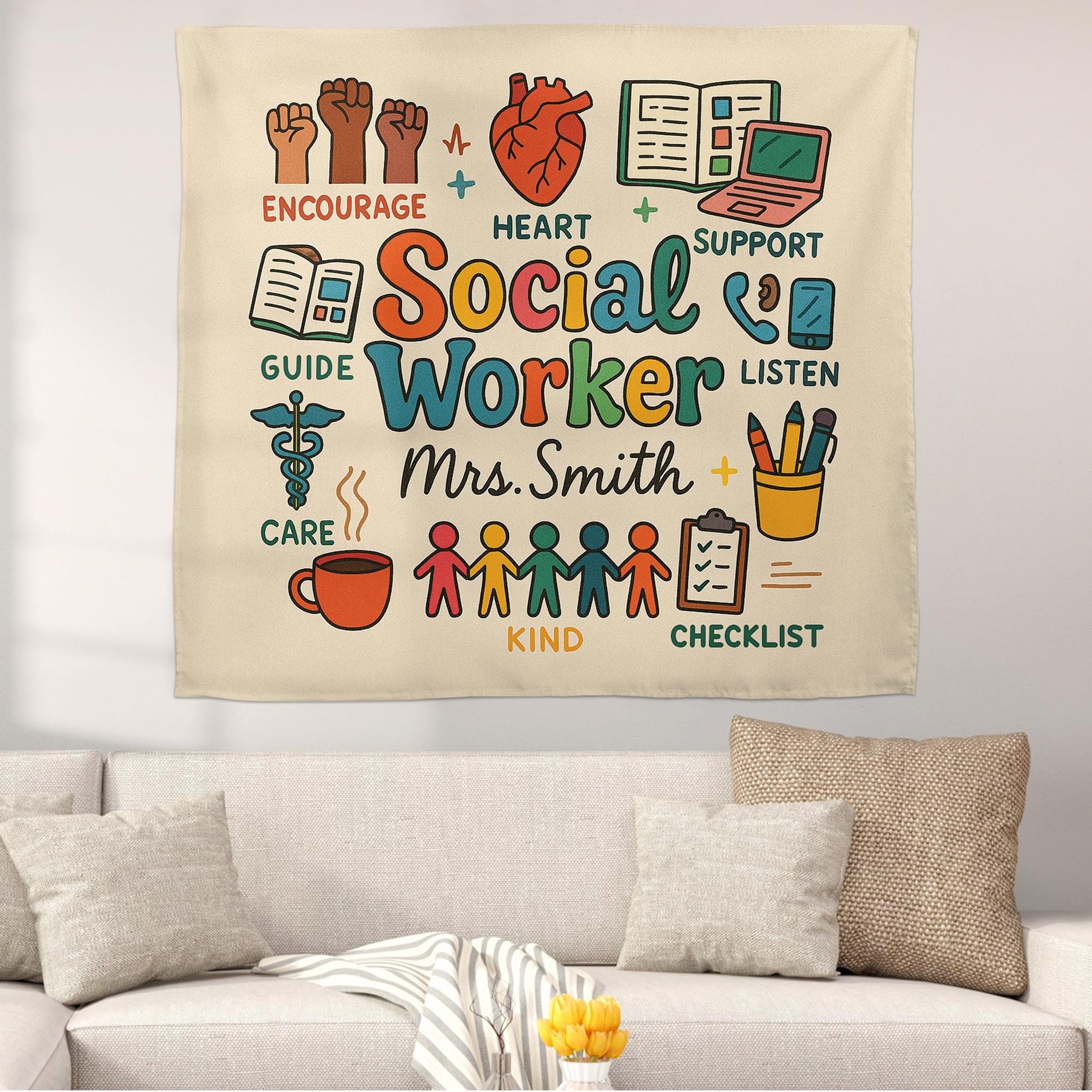 Personalized Social Worker Tapestry, Office Wall Decor, School Counselor Gift, Social Work Appreciation Sign, Custom Teacher Banner