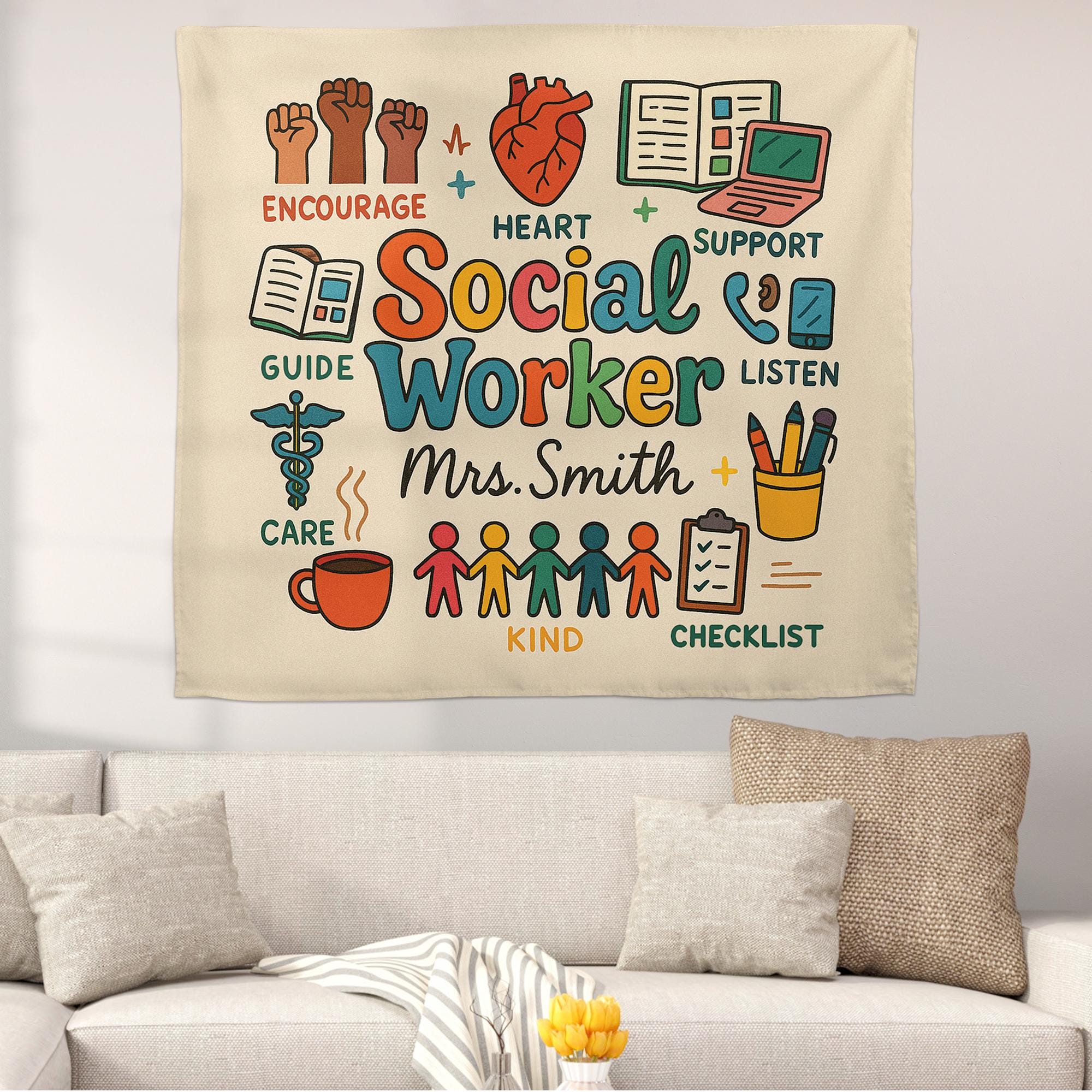 Personalized Social Worker Tapestry, Office Wall Decor, School Counselor Gift, Social Work Appreciation Sign, Custom Teacher Banner