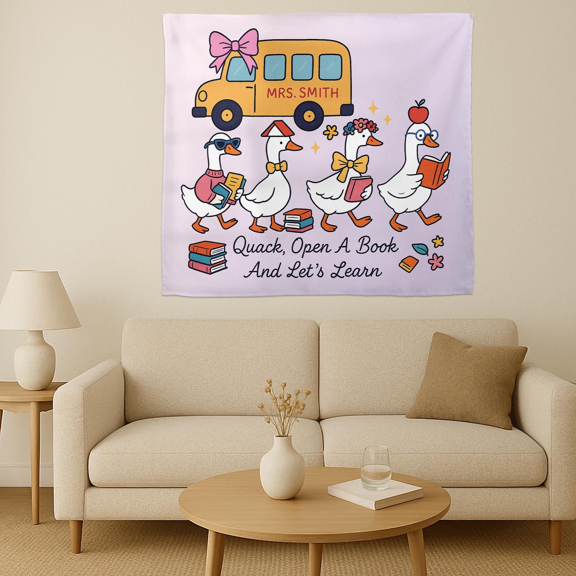 Quack Open a Book Classroom Tapestry, Teacher Duck Wall Decor, Reading Poster for Kids, Personalized Back to School Banner