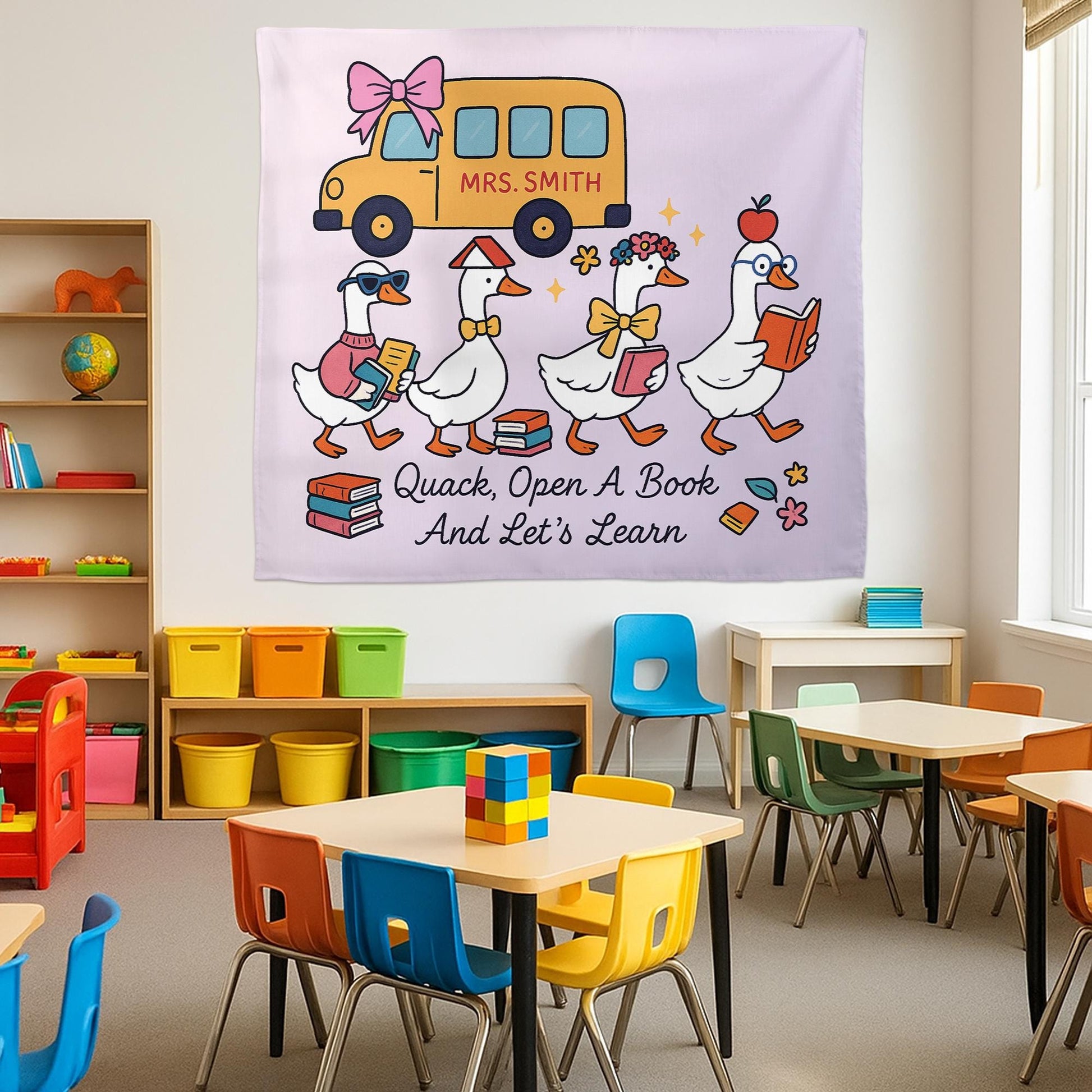 Quack Open a Book Classroom Tapestry, Teacher Duck Wall Decor, Reading Poster for Kids, Personalized Back to School Banner