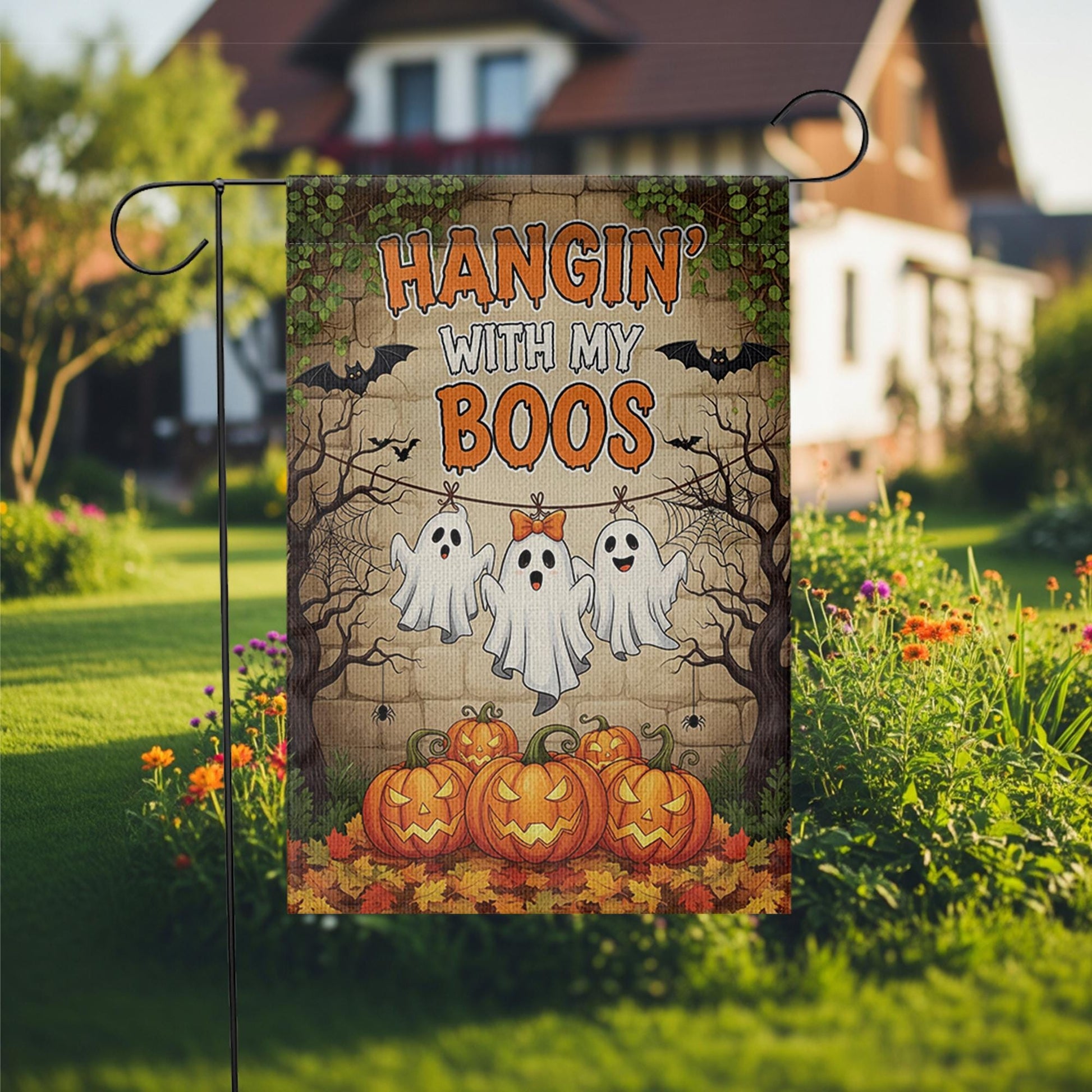 Hangin’ With My Boos Garden Flag | Funny Halloween Ghost Yard Banner | Cute Fall Outdoor Decor with Pumpkins and Spooky Friends