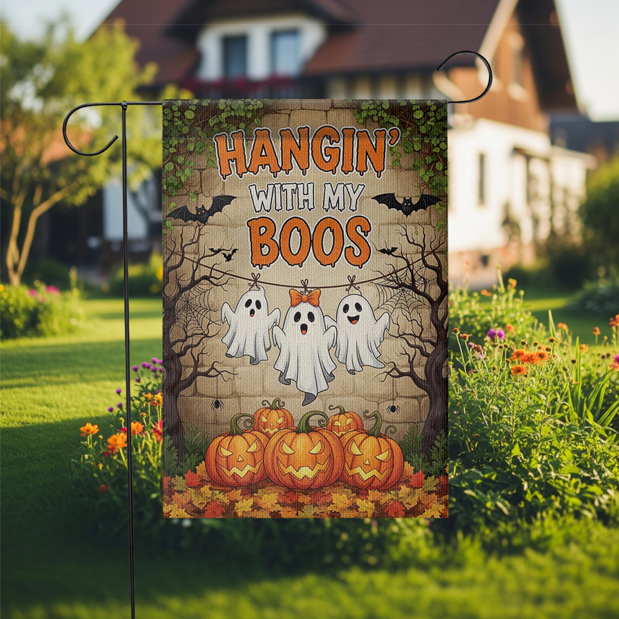 Hangin’ With My Boos Garden Flag | Funny Halloween Ghost Yard Banner | Cute Fall Outdoor Decor with Pumpkins and Spooky Friends
