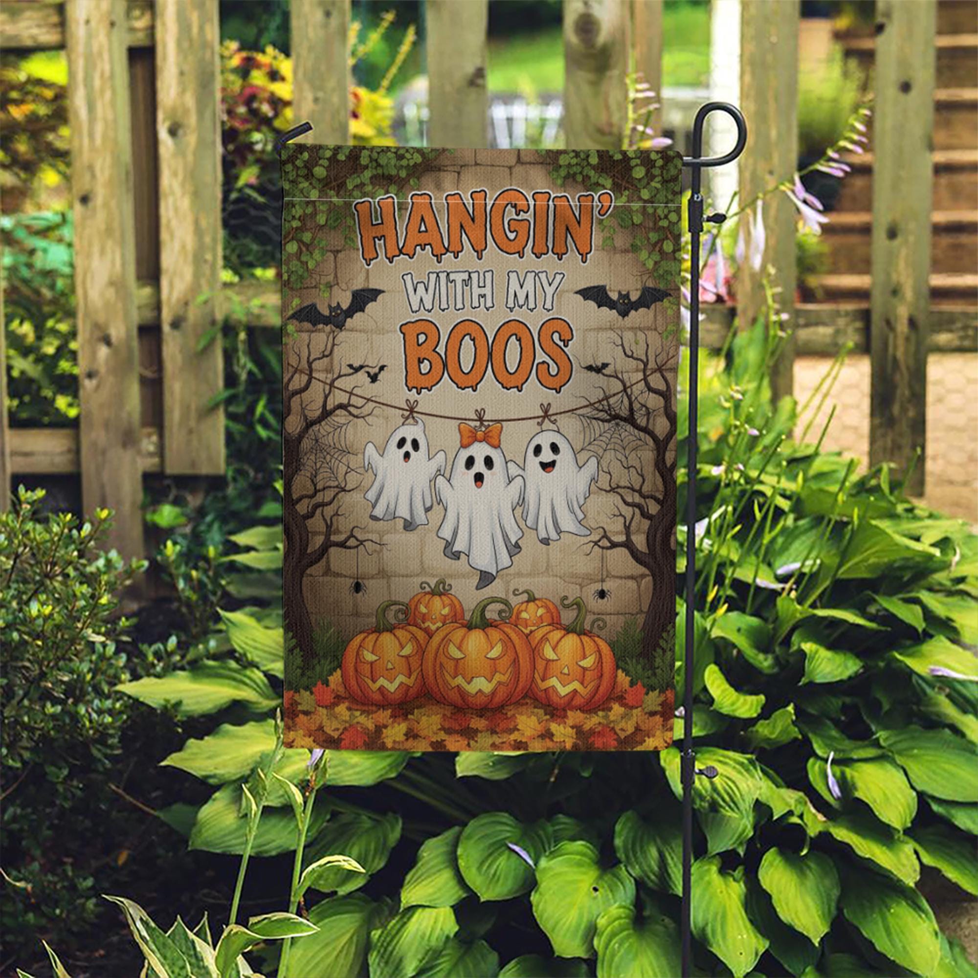Hangin’ With My Boos Garden Flag | Funny Halloween Ghost Yard Banner | Cute Fall Outdoor Decor with Pumpkins and Spooky Friends
