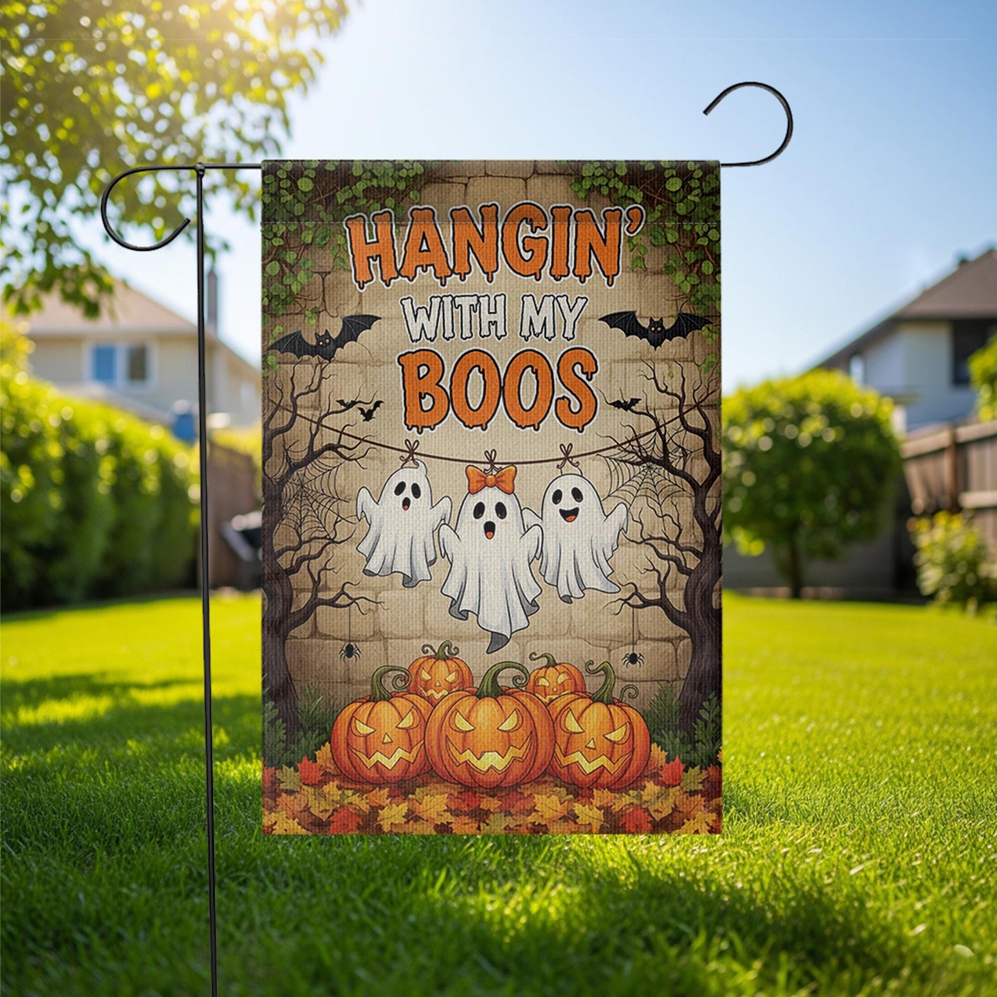 Hangin’ With My Boos Garden Flag | Funny Halloween Ghost Yard Banner | Cute Fall Outdoor Decor with Pumpkins and Spooky Friends