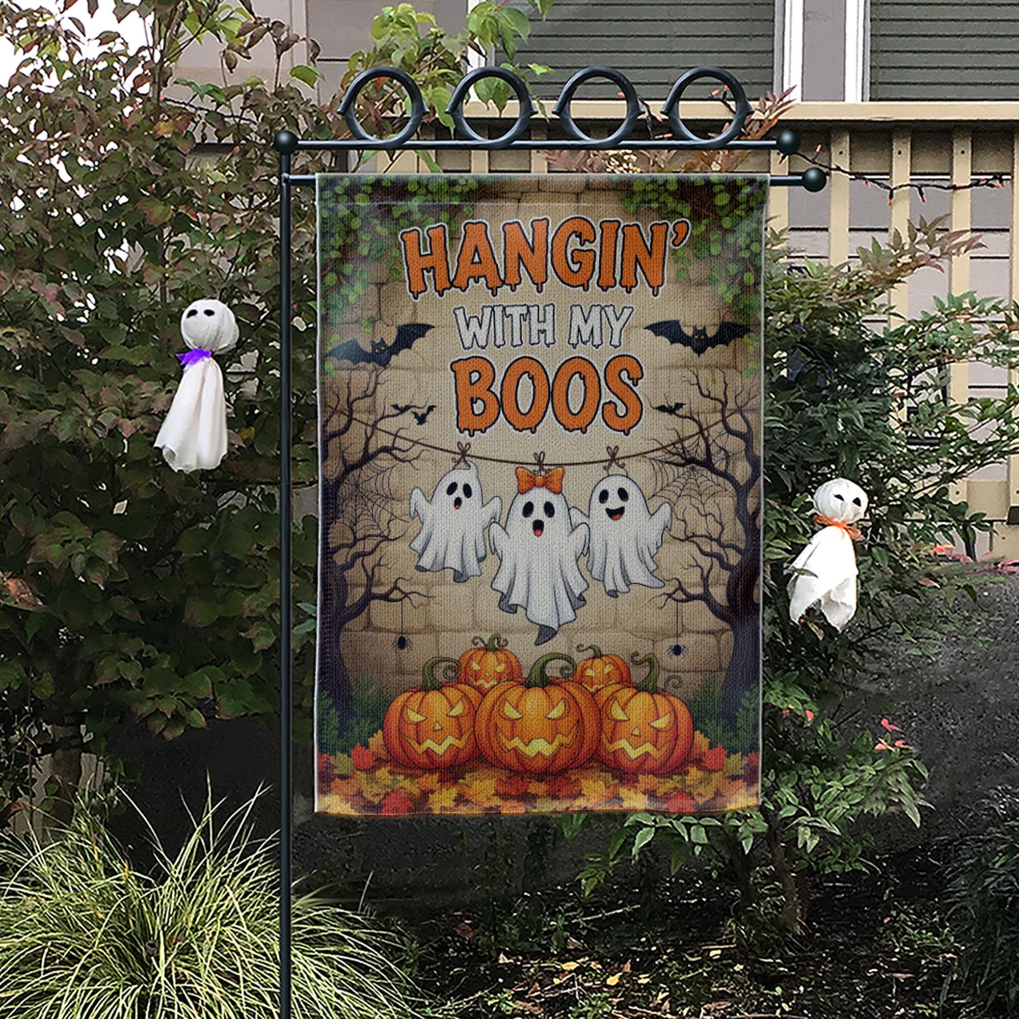 Hangin’ With My Boos Garden Flag | Funny Halloween Ghost Yard Banner | Cute Fall Outdoor Decor with Pumpkins and Spooky Friends