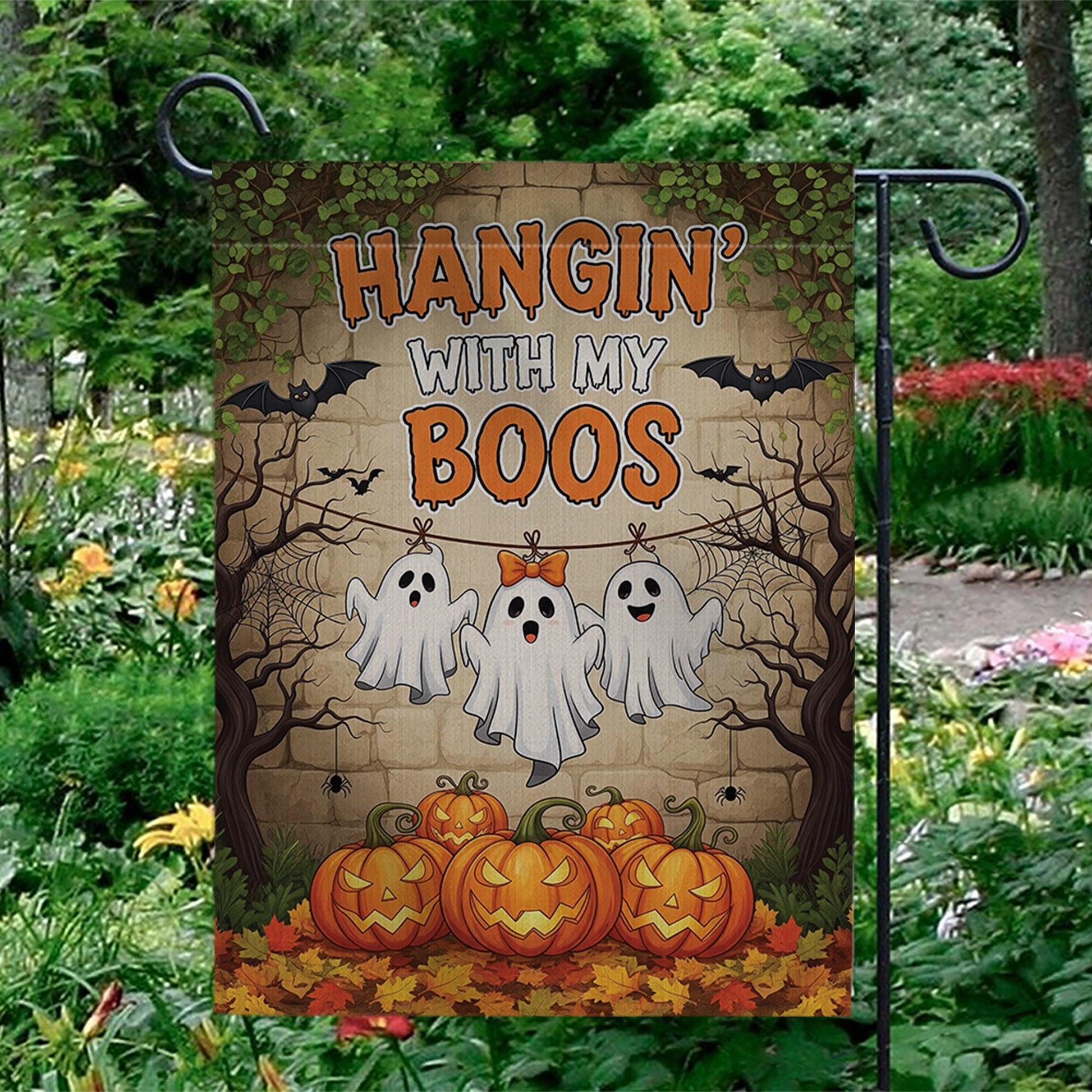 Hangin’ With My Boos Garden Flag | Funny Halloween Ghost Yard Banner | Cute Fall Outdoor Decor with Pumpkins and Spooky Friends