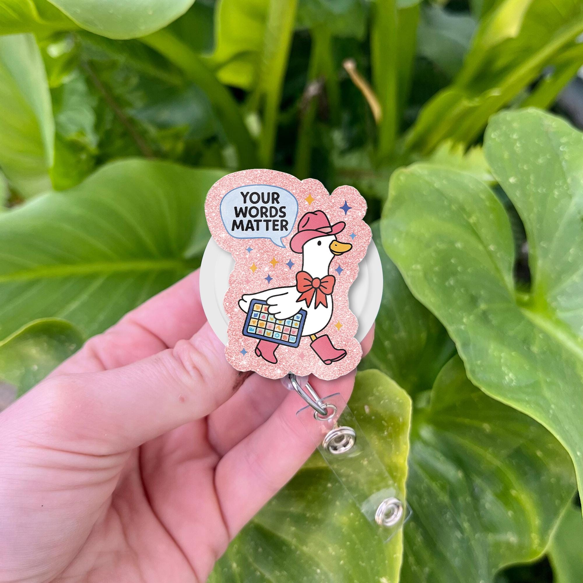 Your Words Matter Goose Badge Reel | Cute AAC Awareness ID Holder | Speech Therapy Gift | Pink Goose Badge Clip, SLP Accessories Badge Clip