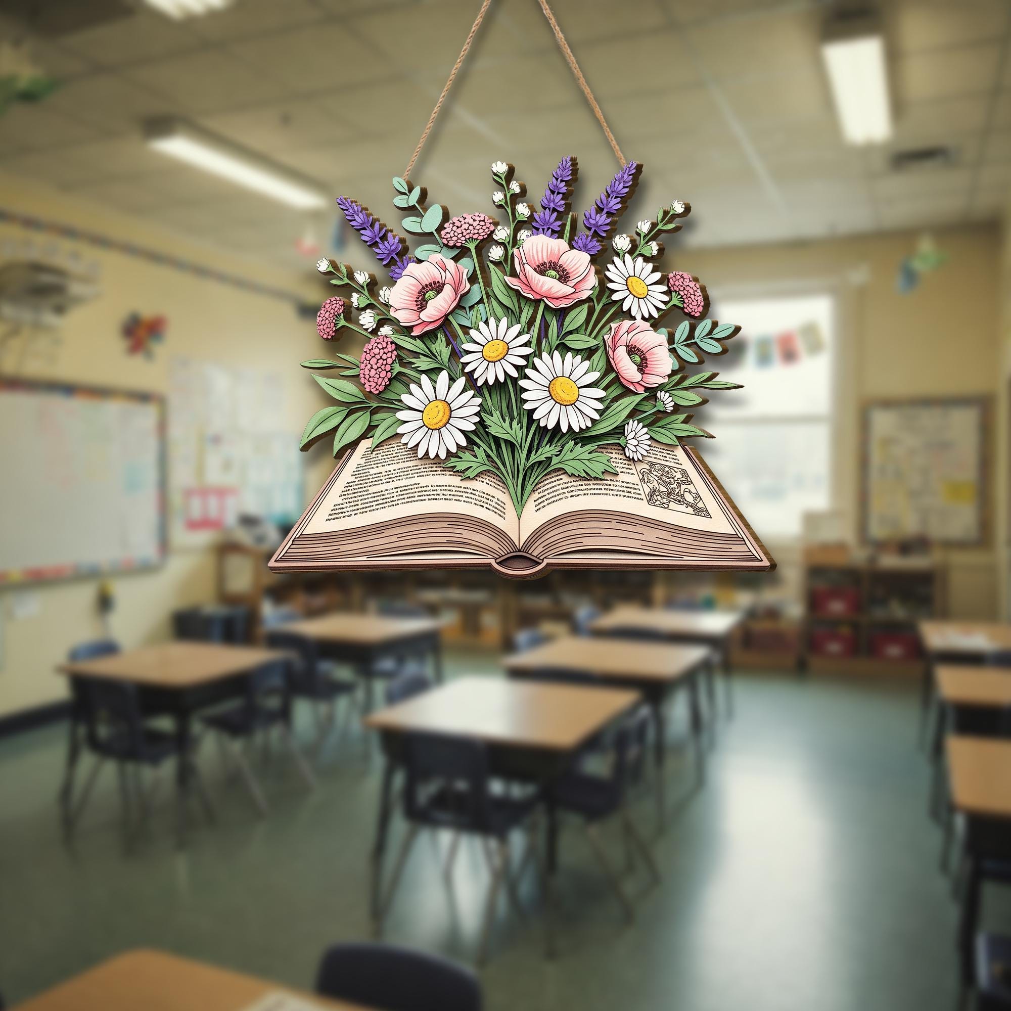 Floral Book Wooden Door Sign | Book Lover Wall Decor | Rustic Hanging Sign for Teachers, Readers & Libraries | Literary Home Accent