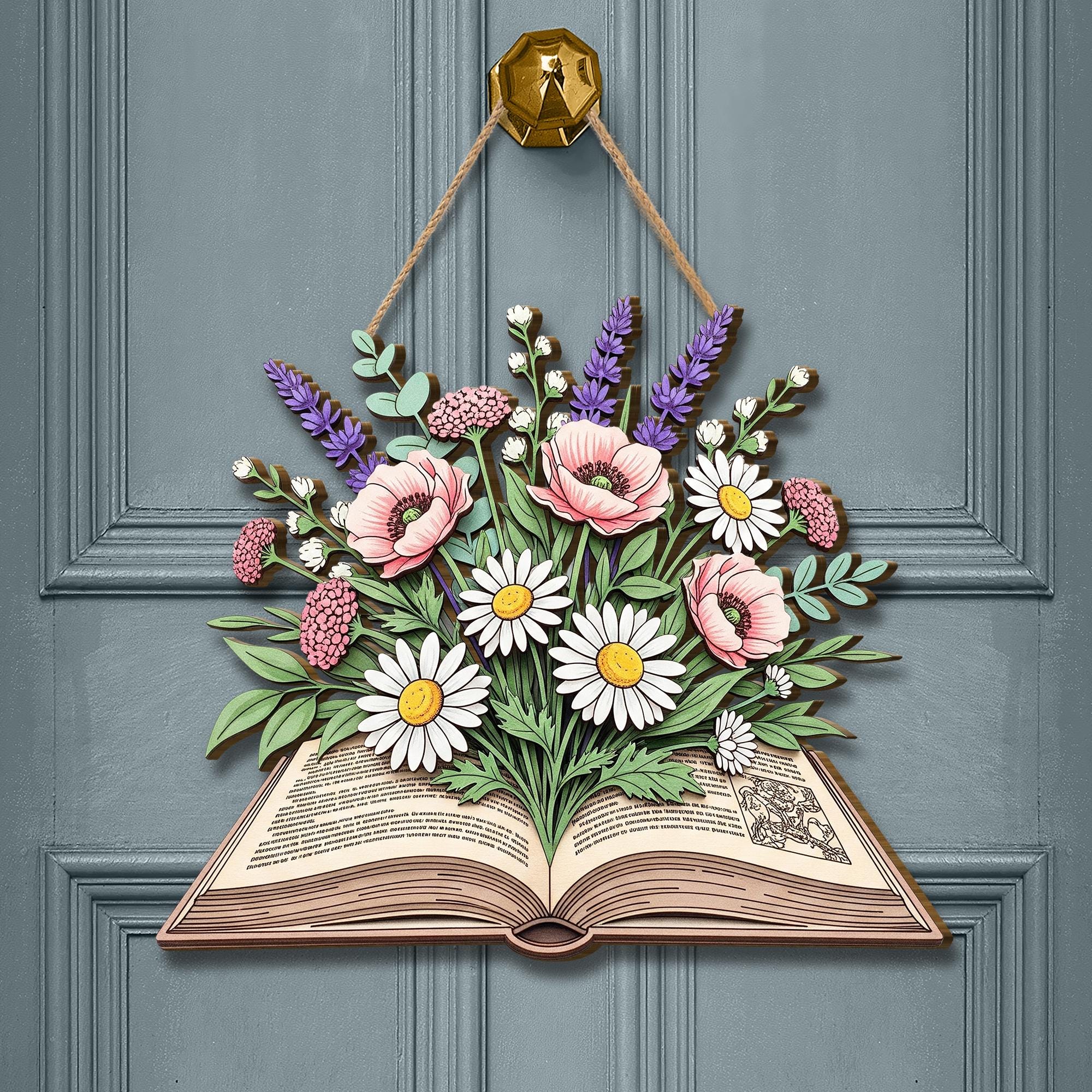 Floral Book Wooden Door Sign | Book Lover Wall Decor | Rustic Hanging Sign for Teachers, Readers & Libraries | Literary Home Accent