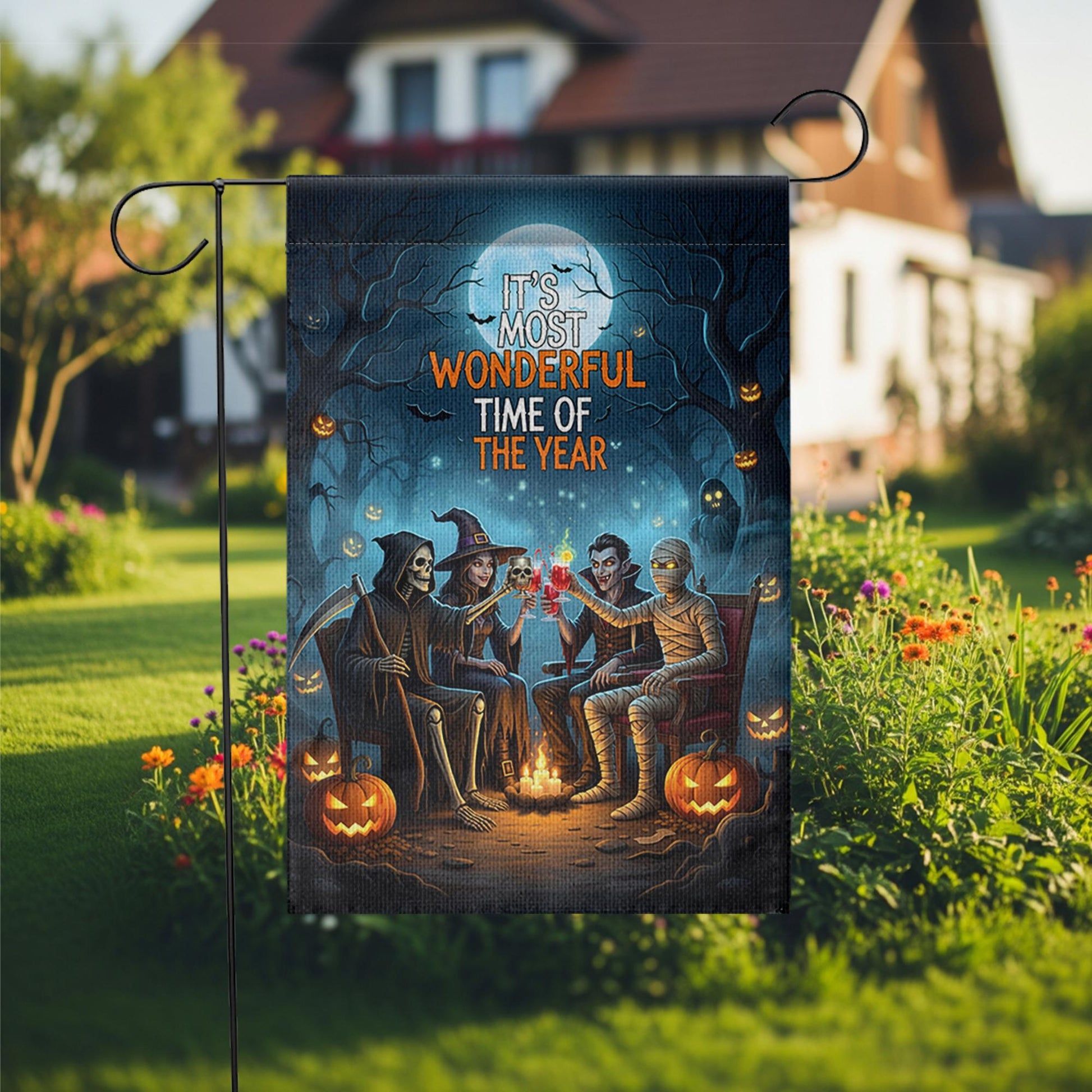Halloween Campfire Garden Flag – Grim Reaper Vampire Witch Mummy – Spooky Fall Yard Decor