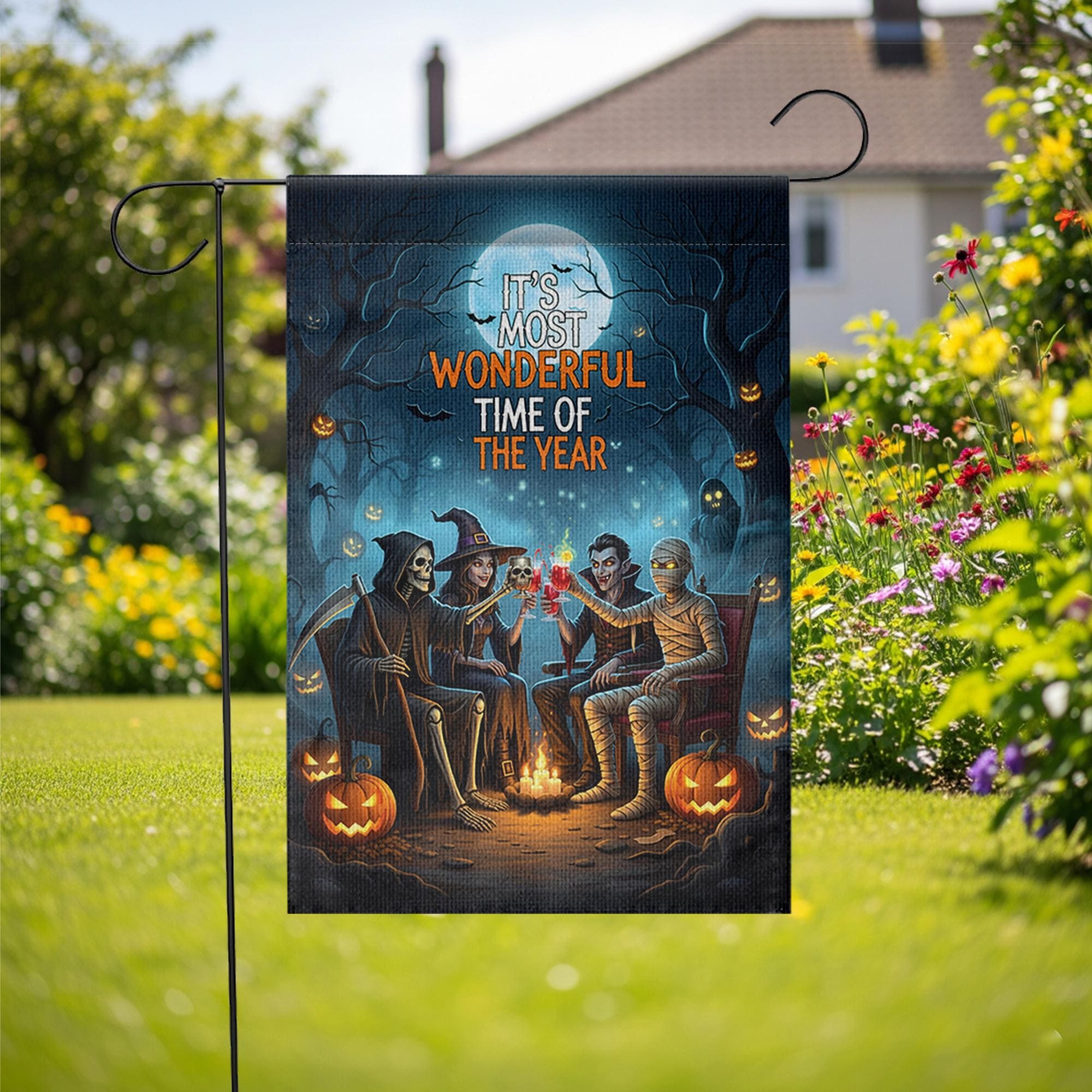 Halloween Campfire Garden Flag – Grim Reaper Vampire Witch Mummy – Spooky Fall Yard Decor