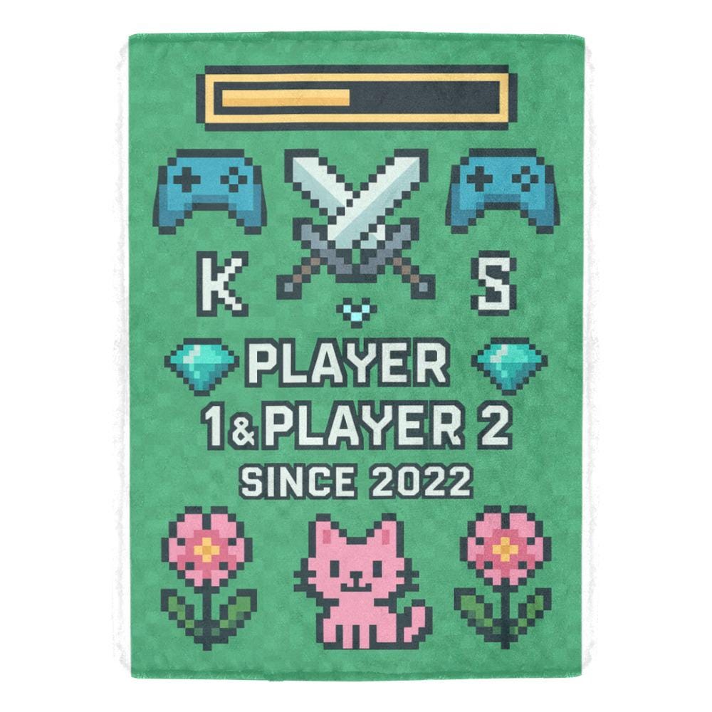 Gamer Couple Blanket, Player 1 & 2 Anniversary Gift, Pixel Art Throw Blanket, Custom Gaming Love Blanket, Couple Anniversary Cozy Gift