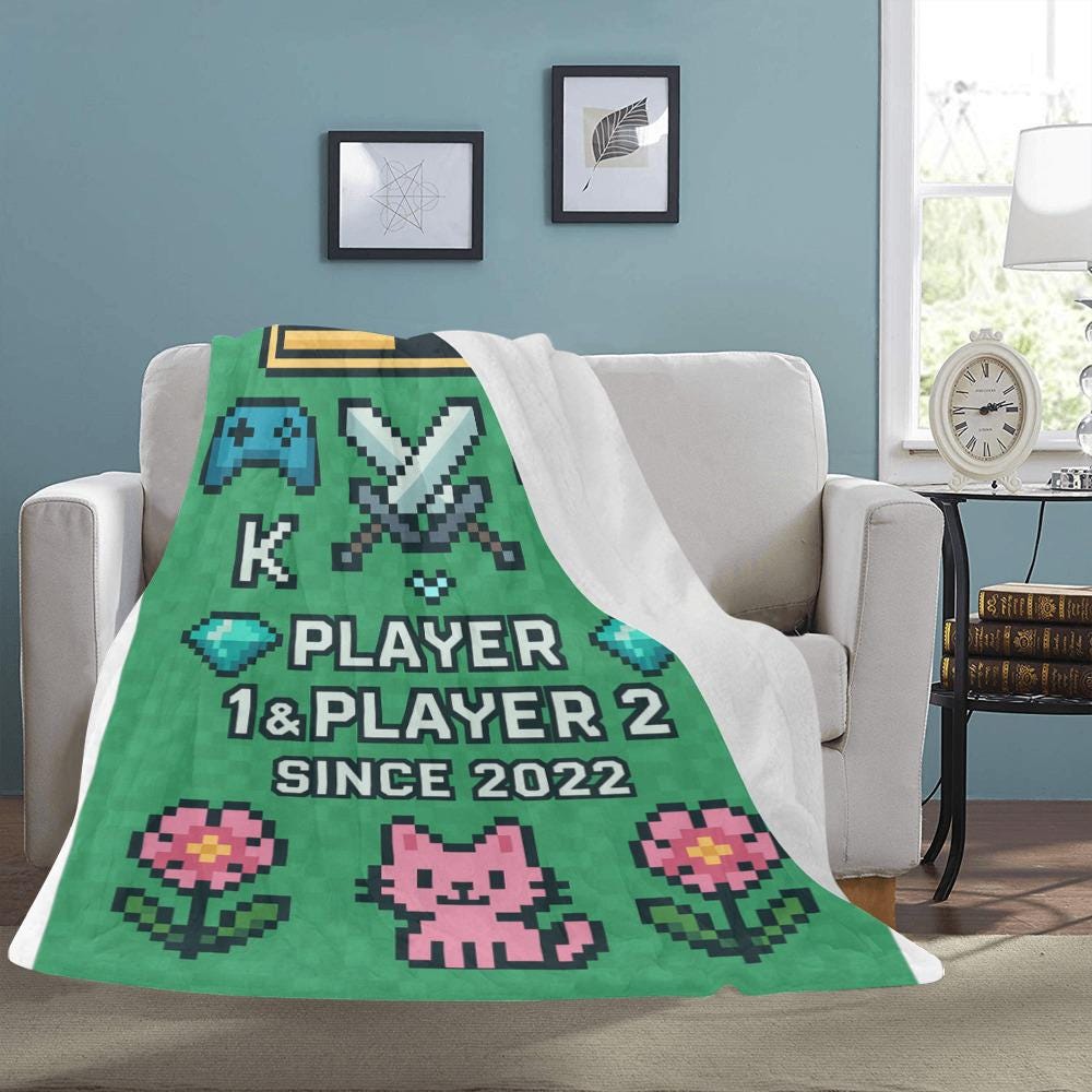 Gamer Couple Blanket, Player 1 & 2 Anniversary Gift, Pixel Art Throw Blanket, Custom Gaming Love Blanket, Couple Anniversary Cozy Gift