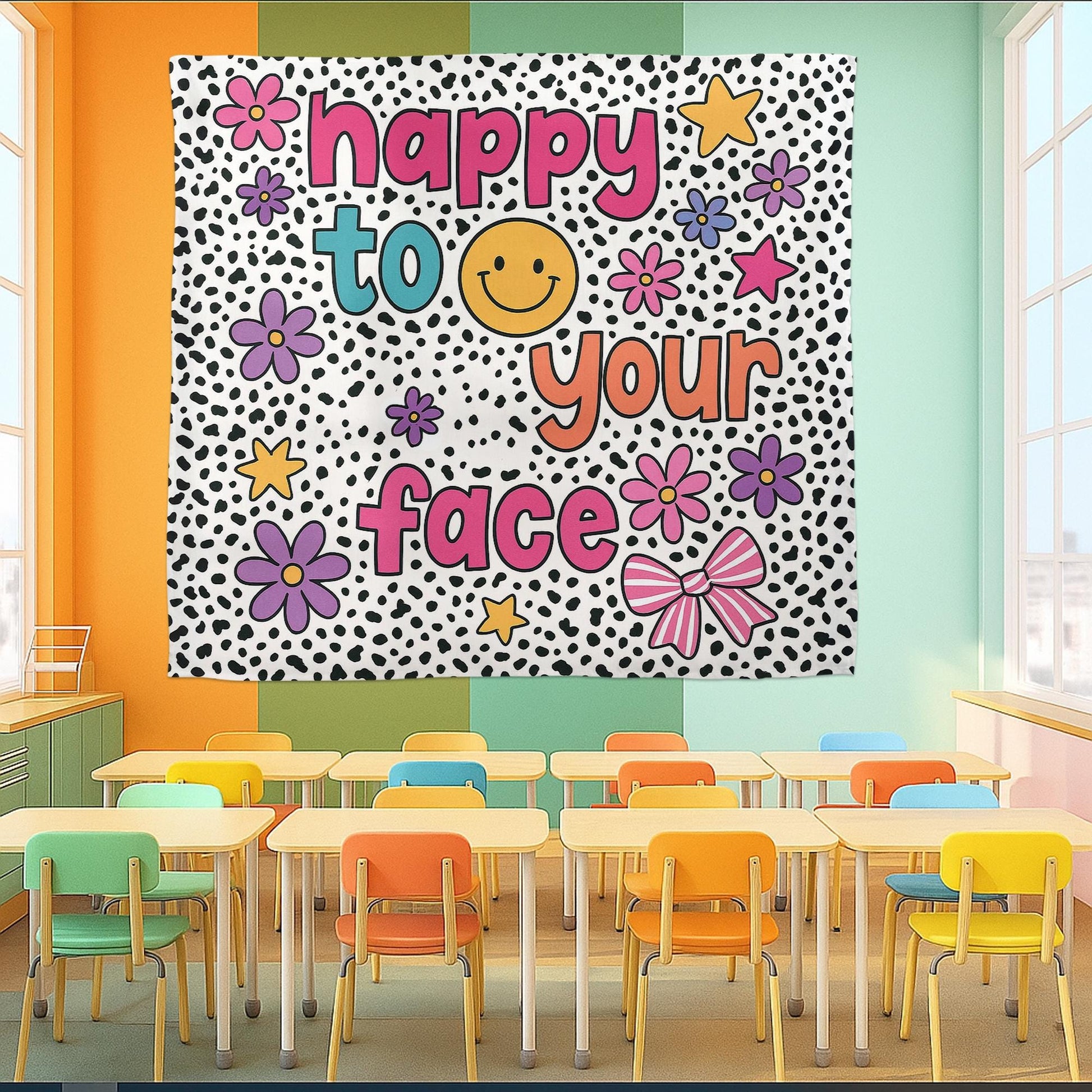 Happy to See Your Face Classroom Banner | Fun Teacher Wall Decor | Bright Retro Classroom Sign | Back to School Room Decoration, Elementary