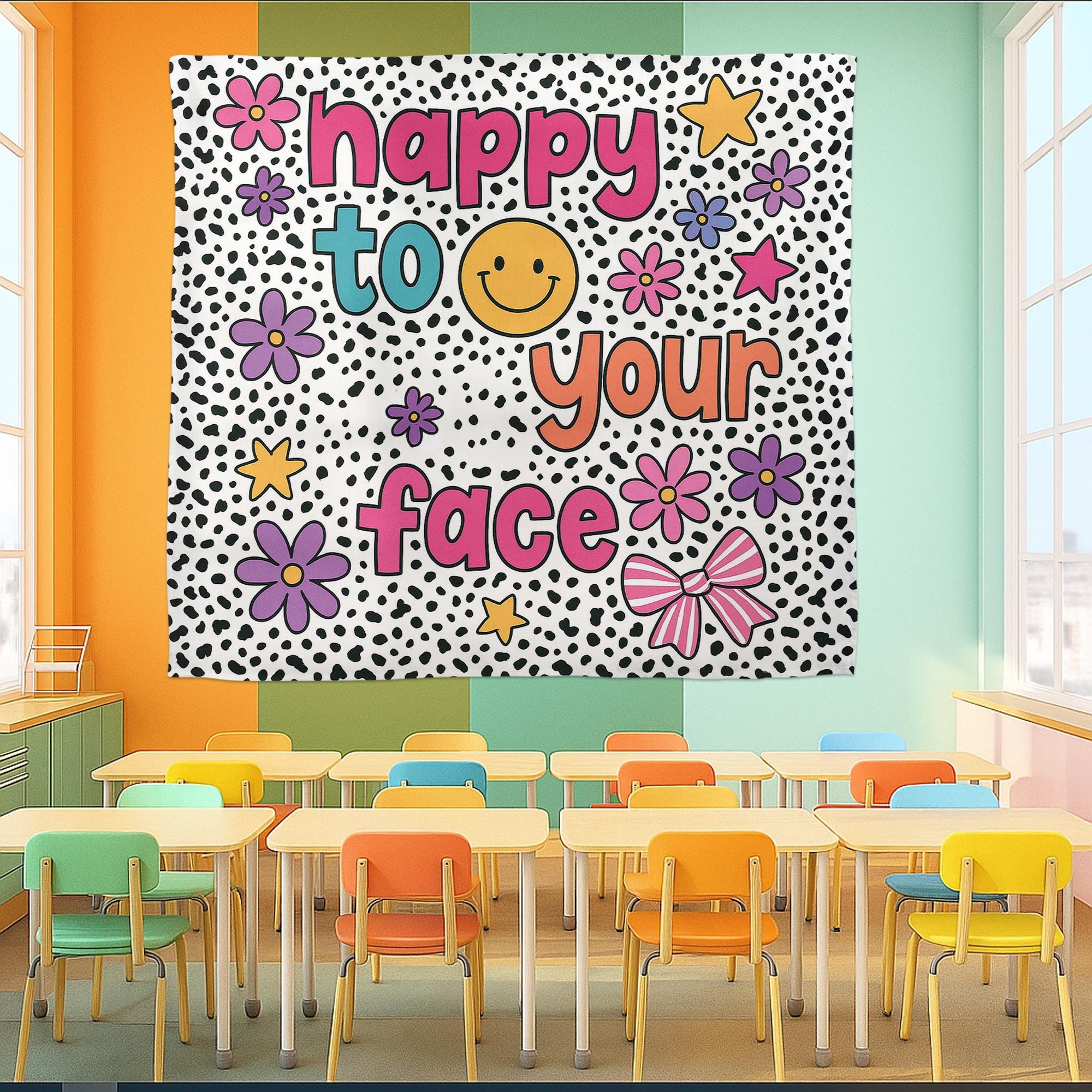 Happy to See Your Face Classroom Banner | Fun Teacher Wall Decor | Bright Retro Classroom Sign | Back to School Room Decoration, Elementary