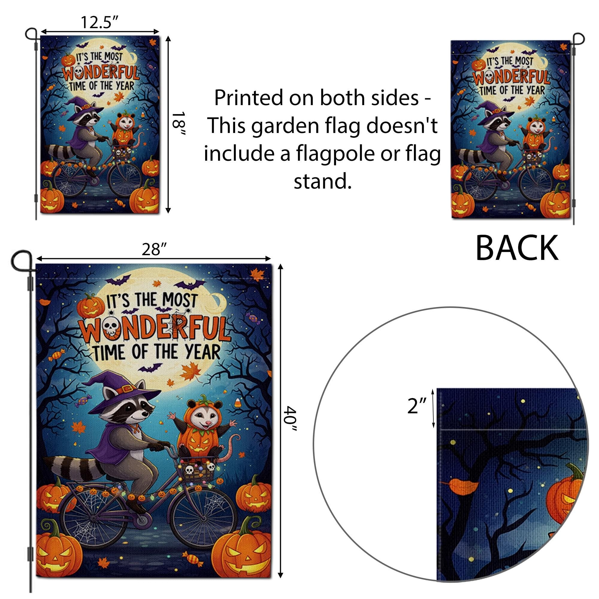 Halloween Garden Flag – Raccoon and Opossum on Bike – Fall Yard Decor with Pumpkins & Quote