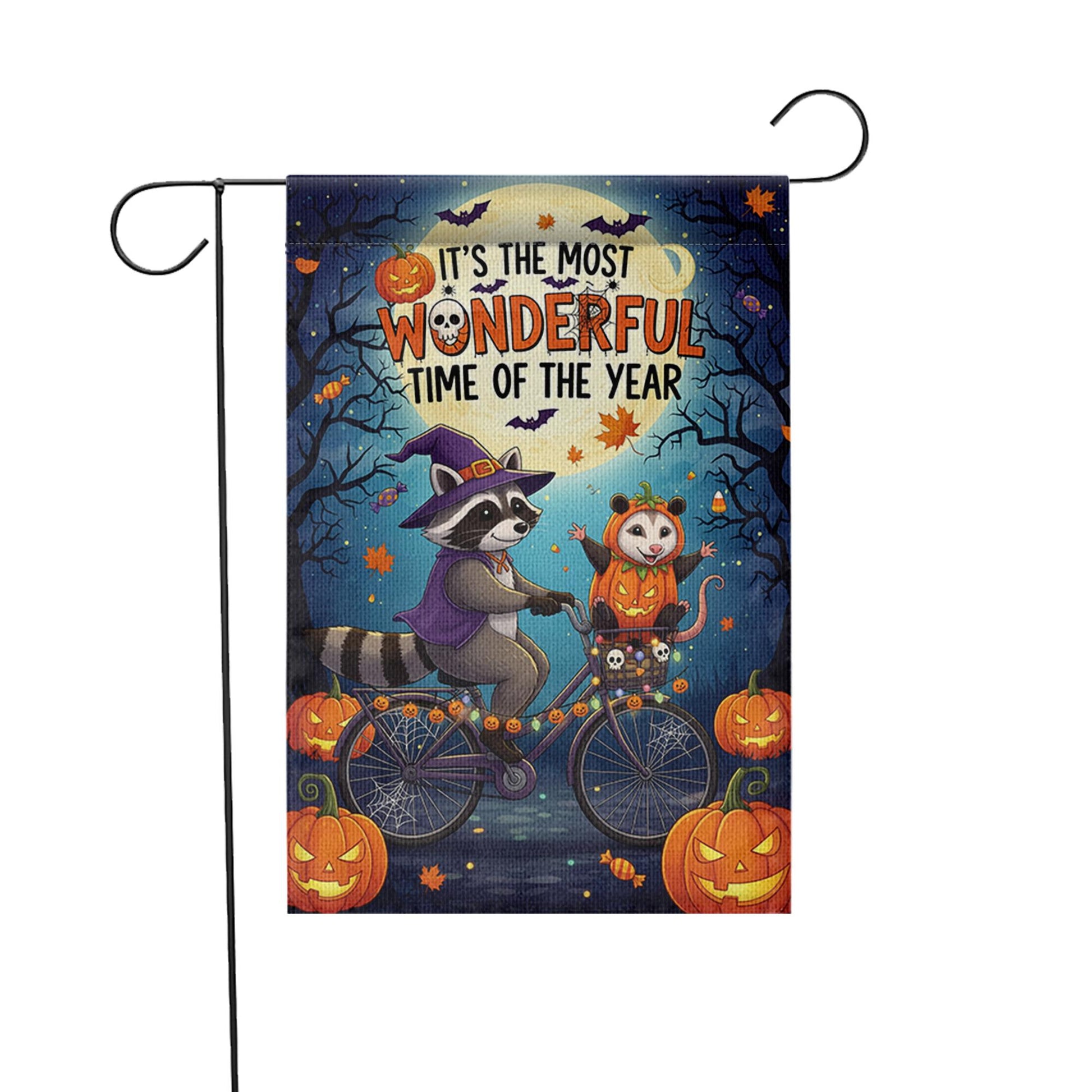 Halloween Garden Flag – Raccoon and Opossum on Bike – Fall Yard Decor with Pumpkins & Quote