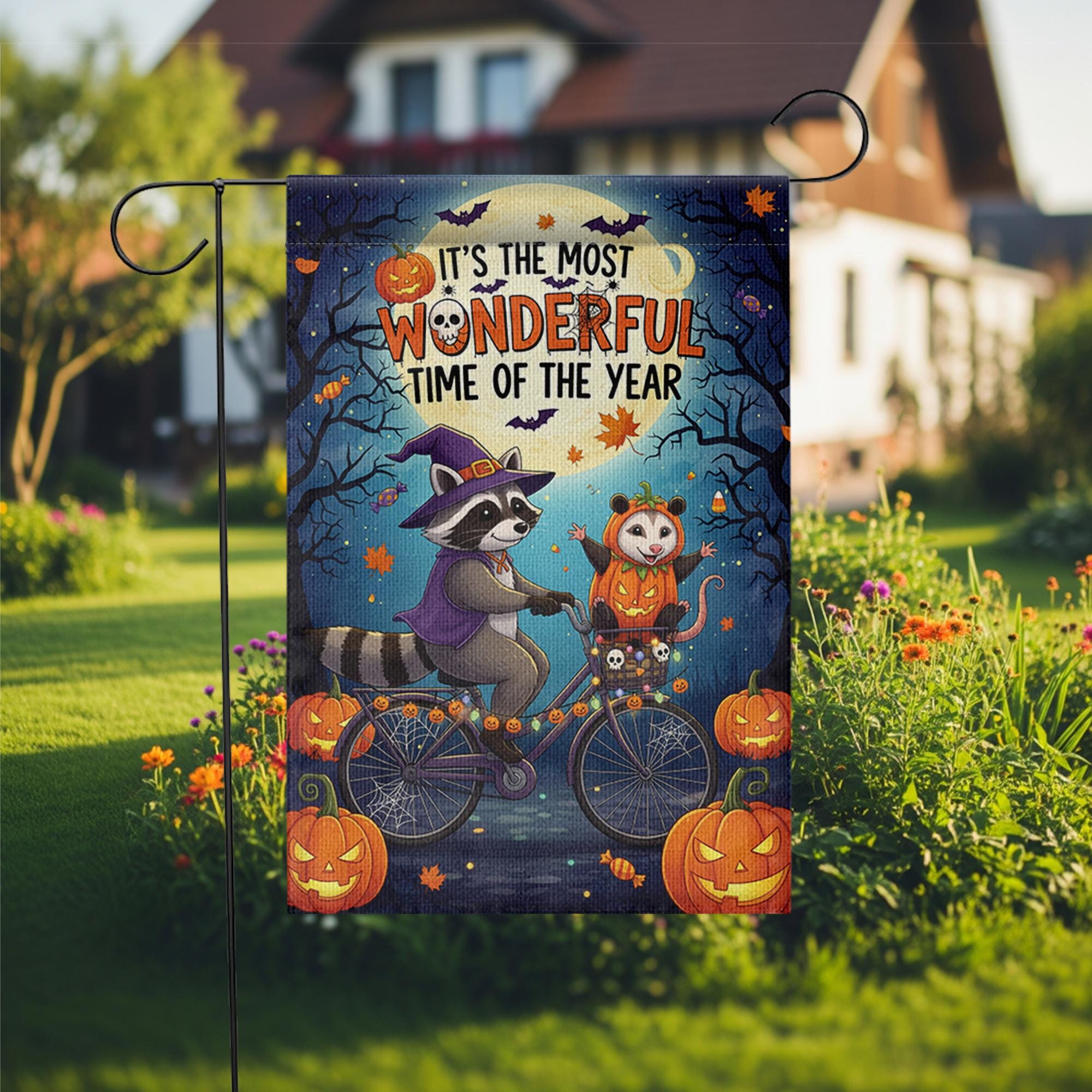Halloween Garden Flag – Raccoon and Opossum on Bike – Fall Yard Decor with Pumpkins & Quote