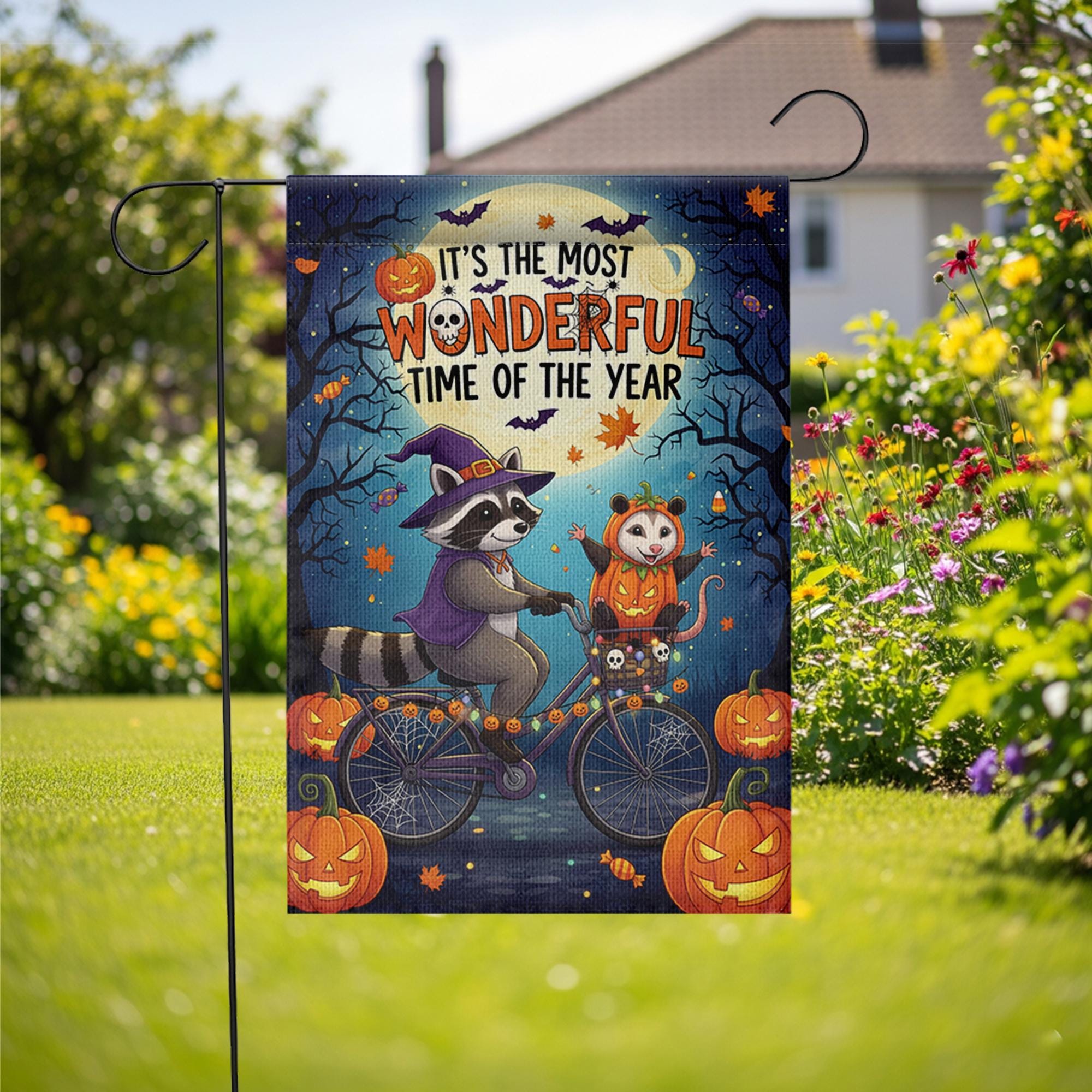 Halloween Garden Flag – Raccoon and Opossum on Bike – Fall Yard Decor with Pumpkins & Quote