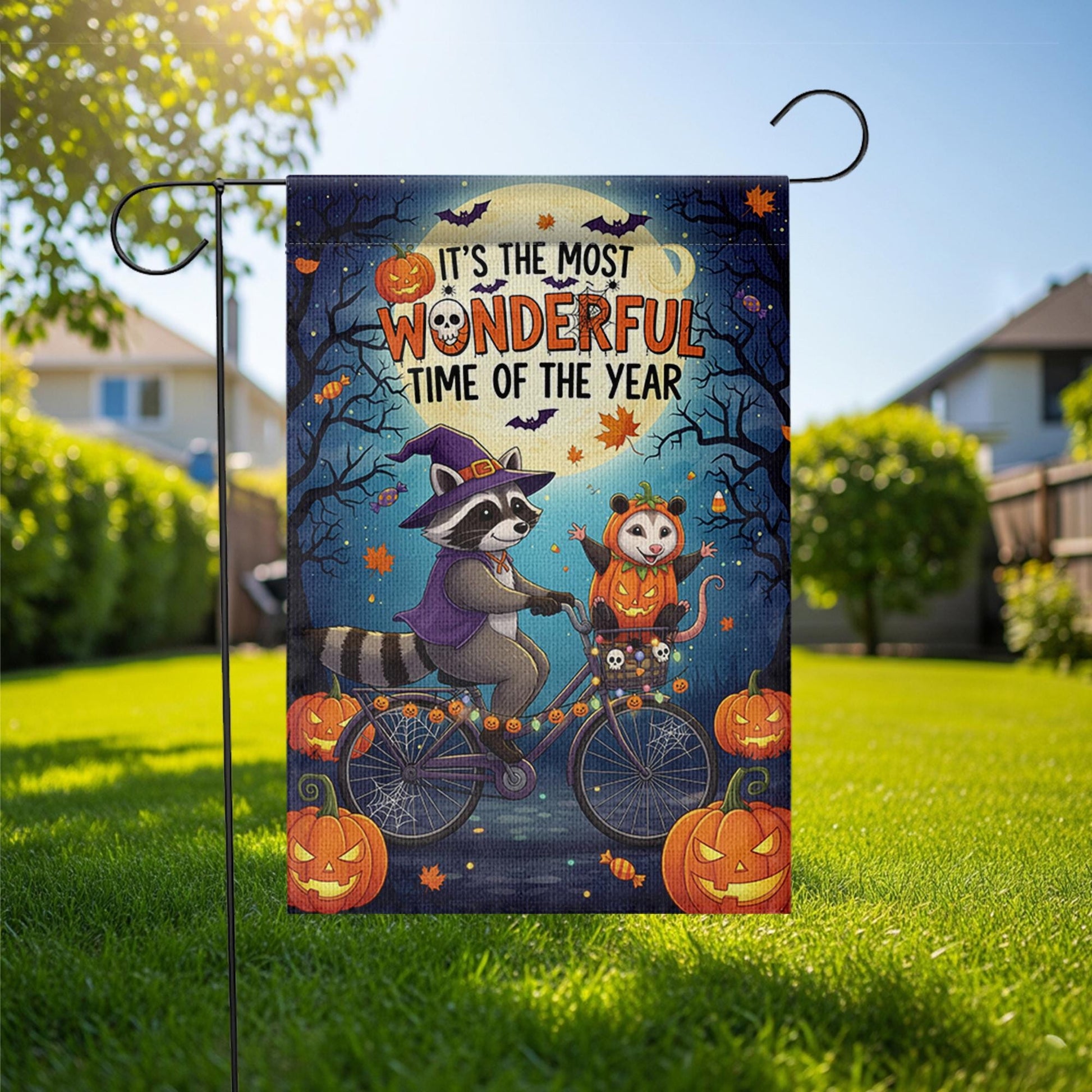 Halloween Garden Flag – Raccoon and Opossum on Bike – Fall Yard Decor with Pumpkins & Quote